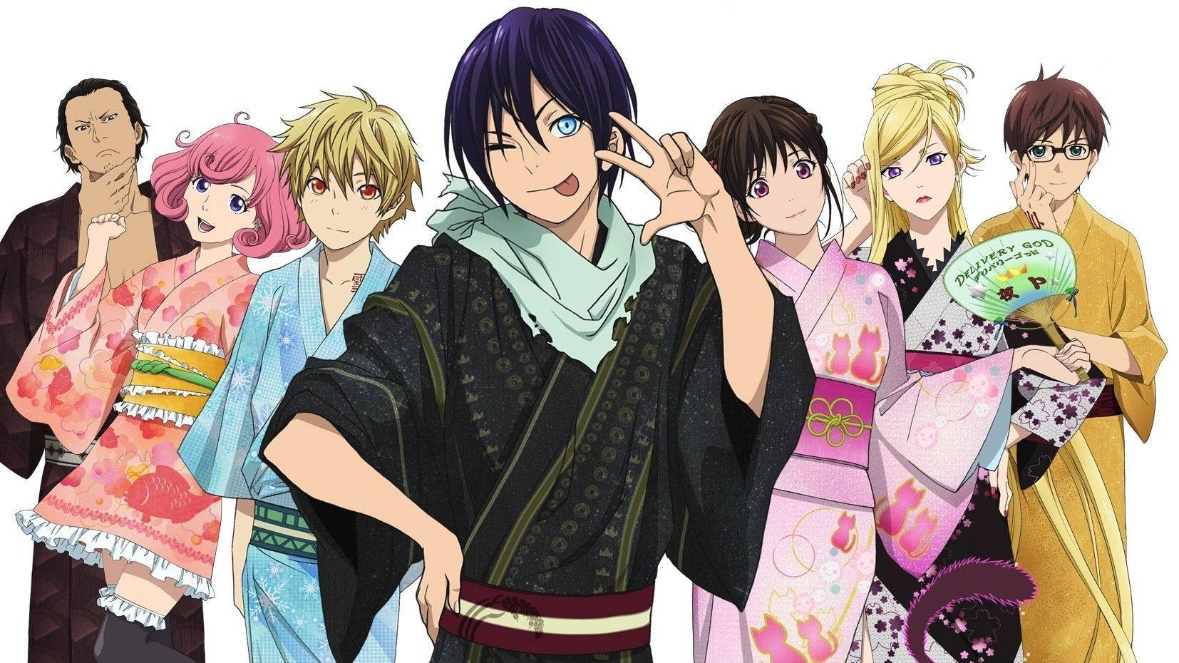 Noragami 桌布 壁紙 — 一個充滿活力的動漫團體，由七個穿著彩色和服的角色在純白色背景前開心地擺姿勢。
