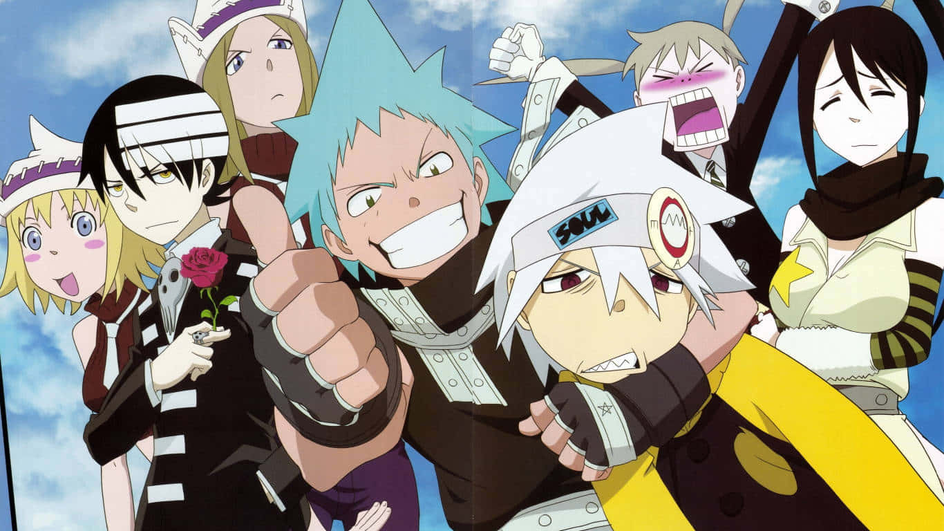 Soul Eater 桌布 壁紙 — 一個充滿活力的動漫團體，由七個角色組成，穿著獨特的服裝和表情，在明亮的藍天下充滿活力地擺姿勢。