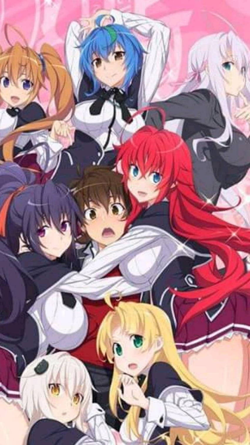 High School Dxd 桌布 壁紙 — 一個充滿活力的動漫團體，由七個角色組成，擁有色彩繽紛的頭髮和富有表現力的眼睛，在粉紅色背景前動態擺姿勢。