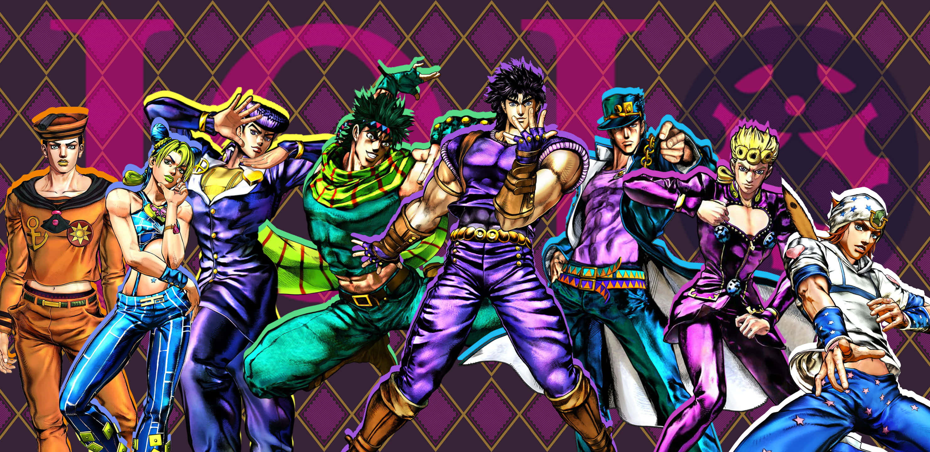 Jojo's Bizarre Adventure 桌布 壁紙 — 一個充滿活力的動漫團體，由七個風格化的角色組成，在紫色菱形圖案背景前擺出動態姿勢。