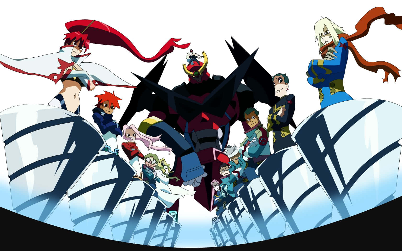 Gurren Lagann 桌布 壁紙 — 一個充滿活力的動漫團體，由色彩繽紛的角色和一個巨型機器人組成，站在風格化的冰層上，背景是純白色。