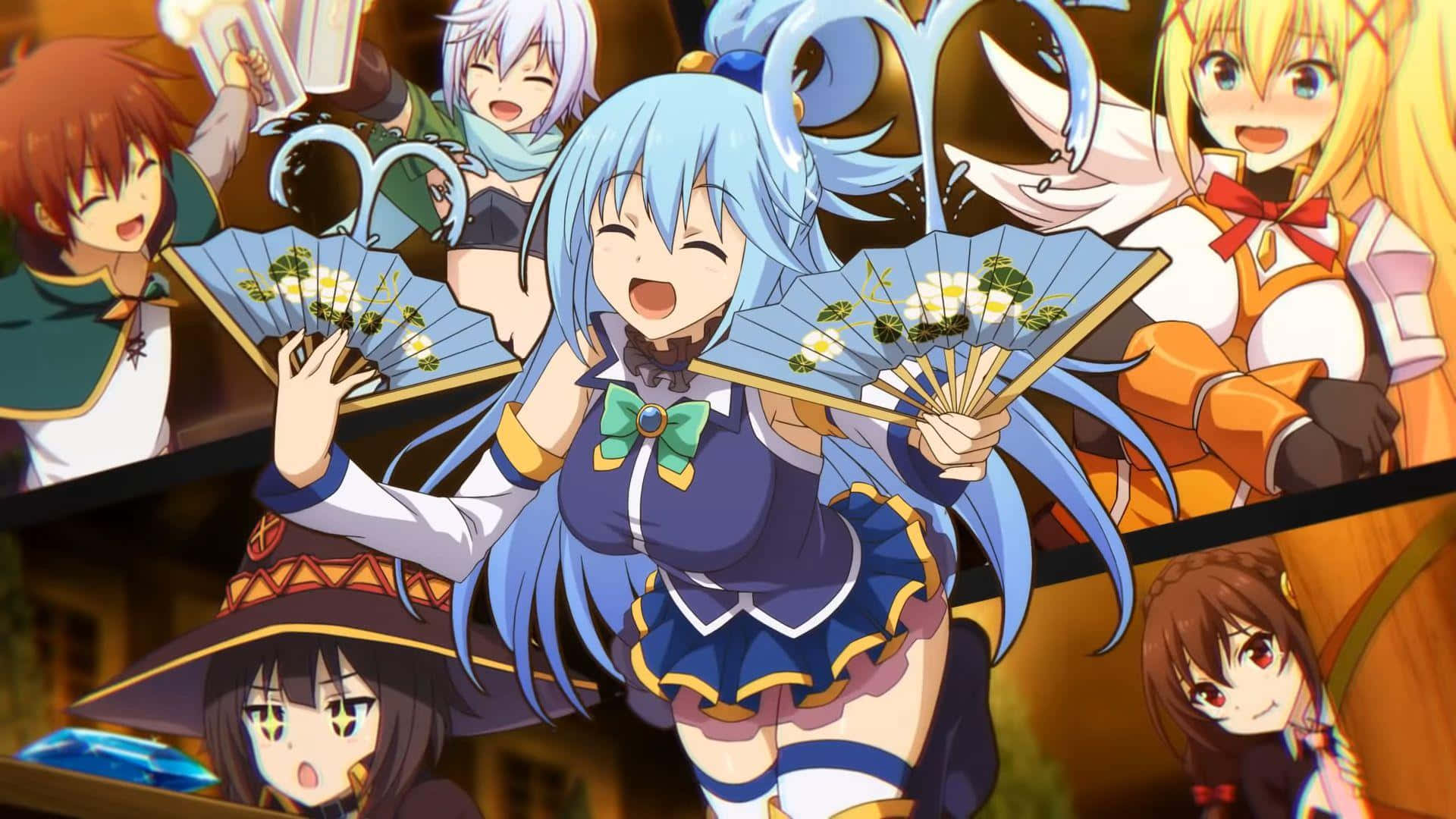 Ps4 Anime 桌布 壁紙 — 一個充滿活力的動漫團體，由開朗的女孩們組成，她們擁有色彩繽紛的頭髮和幻想服裝，與粉絲和飲料一起在熱鬧的場景中慶祝。