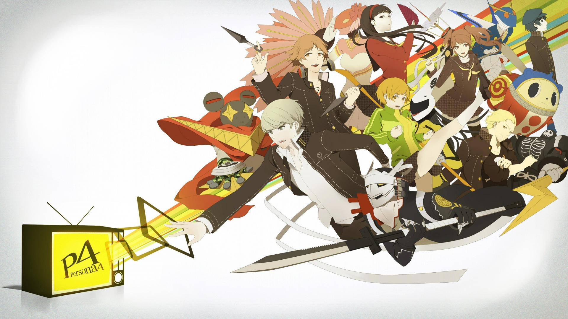 女神異聞錄4 桌布 壁紙 — 一個充滿活力的動漫團體從標有「Persona 4」的復古電視機中迸發出來，色彩鮮豔，姿勢充滿活力。