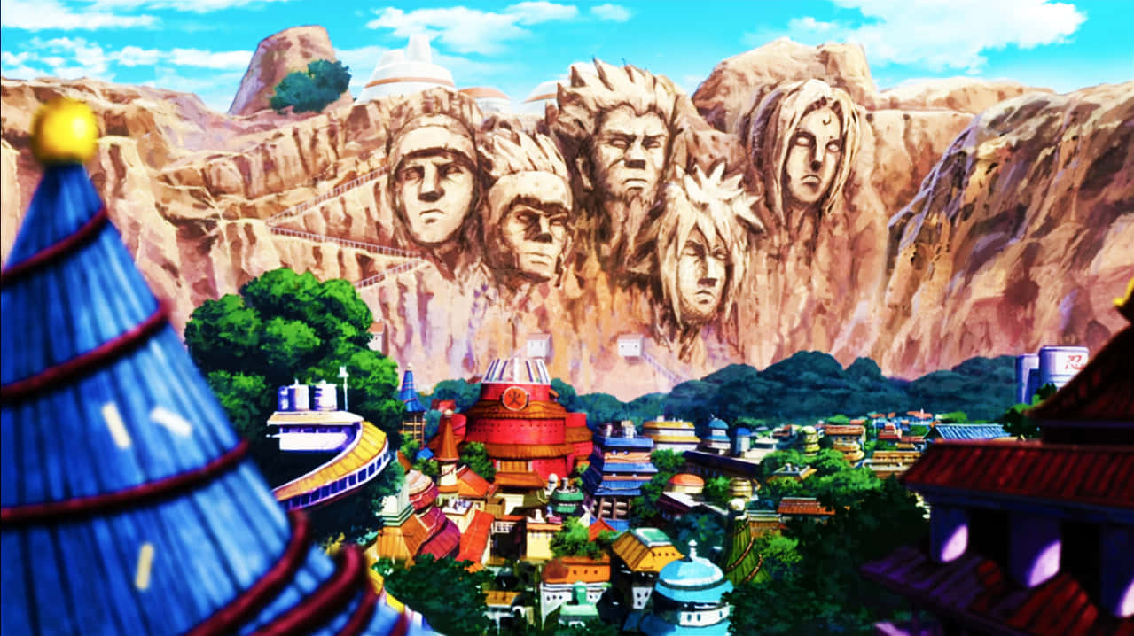 Konoha 桌布 壁紙 — 一個充滿活力的動漫城市，坐落在一座巨大山腳下，山上有五個巨大的雕刻面孔俯瞰著它。