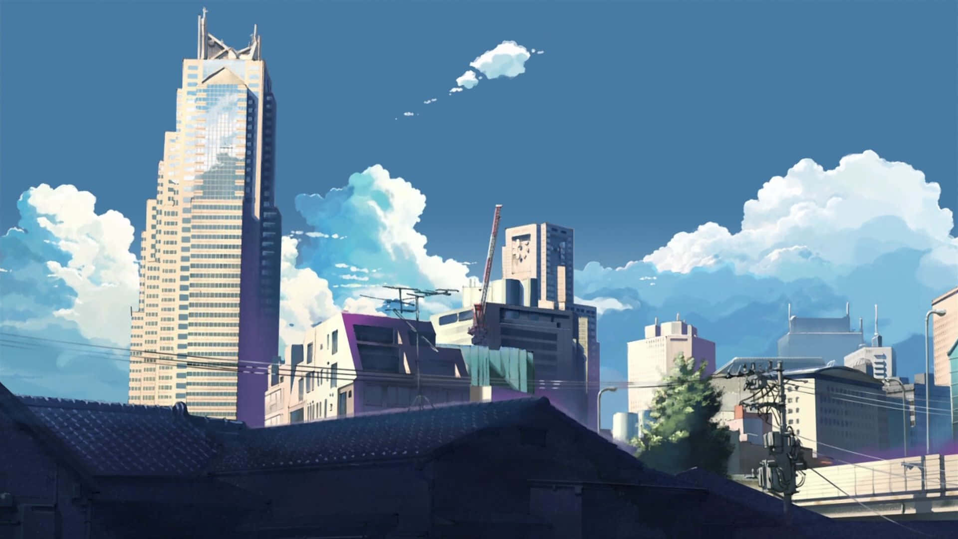 Skyscraper 桌布 壁紙 — 一個充滿活力的動漫城市景觀，高聳的摩天大樓和蓬鬆的雲朵在清澈的藍天下。