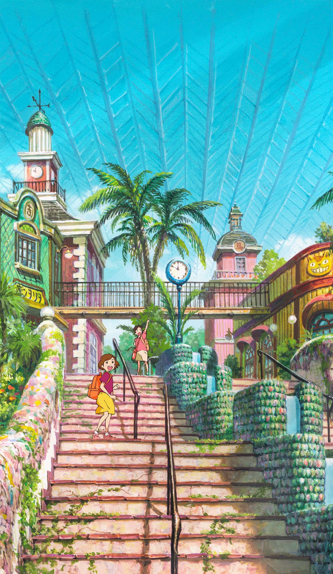 Aesthetic Ghibli 桌布 壁紙 — 一個充滿活力的動漫場景，一個女孩在玻璃穹頂的天空下沿著石階走向一個夢幻小鎮。