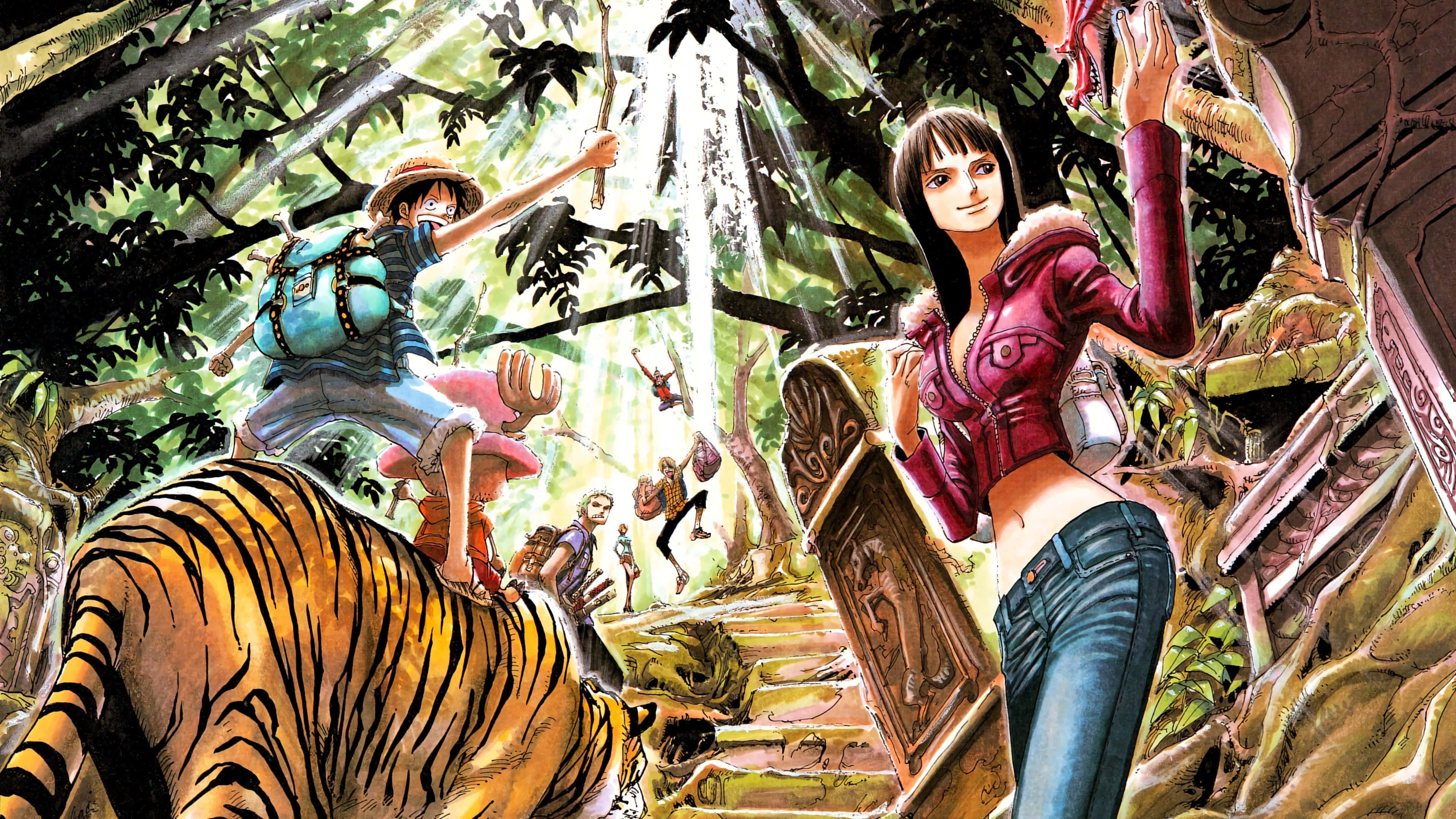 Nico Robin 桌布 壁紙 — 一個充滿活力的動漫場景，一個穿著紅色外套的女孩站在老虎旁邊，而冒險者在斑駁的陽光下攀爬叢林廢墟。
