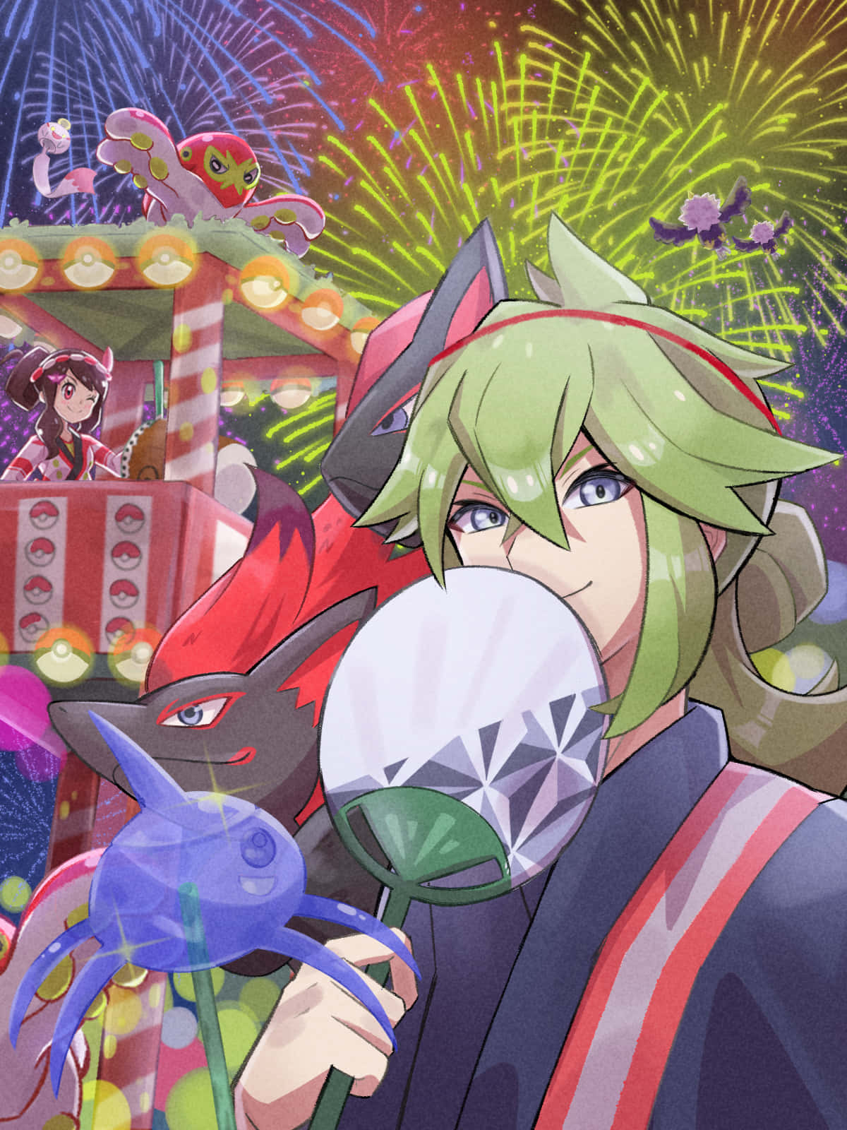 Pokemon Masters 桌布 壁紙 — 一個充滿活力的動漫場景，一個綠色頭髮的角色拿著發光的扇子，寶可夢和煙火在色彩繽紛的夜空中綻放。