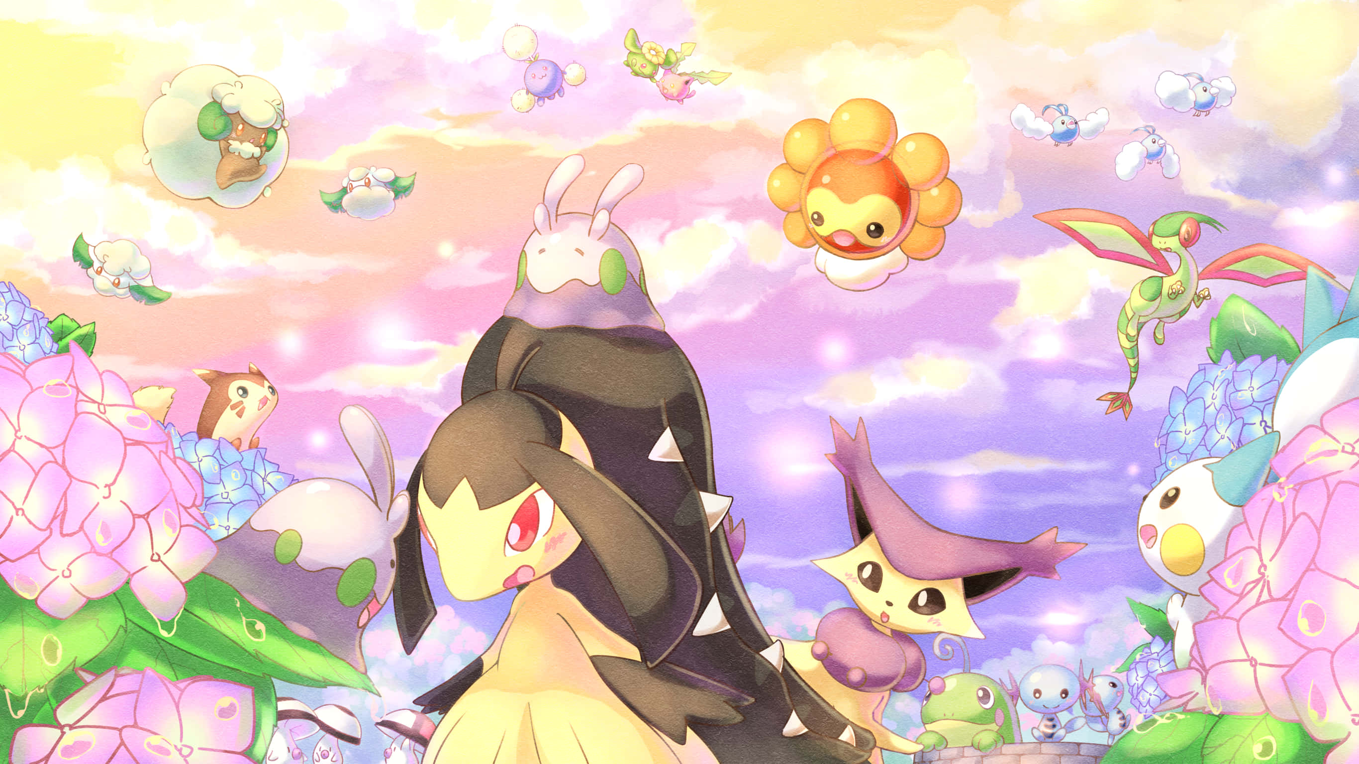 Whimsicott 桌布 壁紙 — 一個充滿活力的動漫場景，中央角色被漂浮的寶可夢環繞，周圍是粉紅色繡球花和粉彩天空。