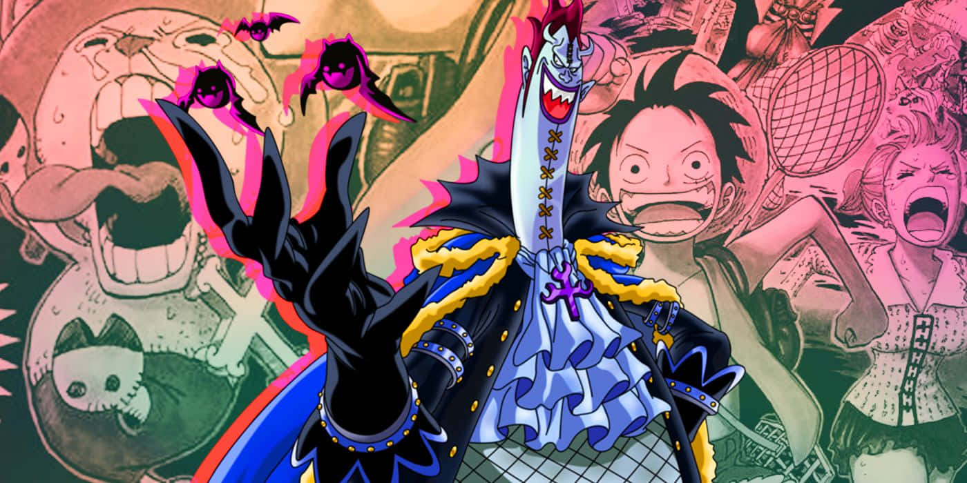 Thriller Bark 桌布 壁紙 — 一個充滿活力的動漫場景，主角手持劍和黑色手套，被尖叫的面孔和粉紅色能量效果包圍。