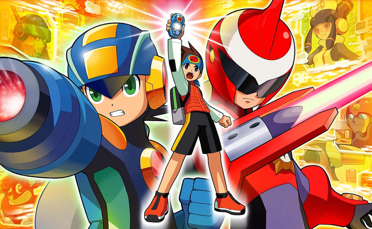 Megaman 桌布 壁紙 — 一個充滿活力的動漫場景，描繪一位年輕英雄揮舞著發光裝置，兩側有兩個裝甲機器人同伴，擺出動態的動作姿勢。