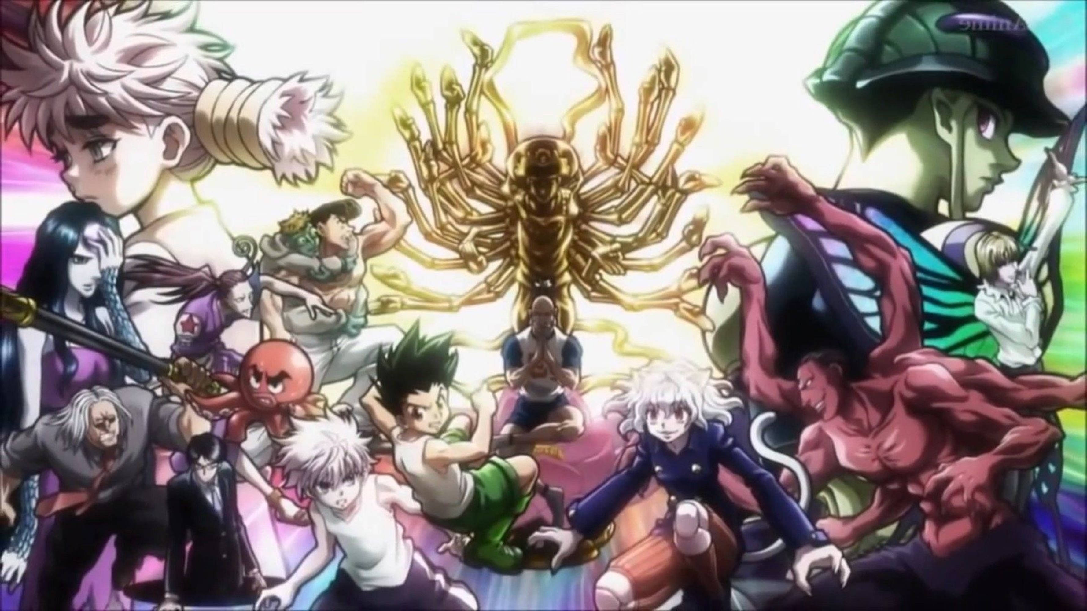 Hunter X Hunter 4K 桌布 壁紙 — 一個充滿活力的動漫場景，描繪了多樣化的角色圍繞著一個發光的金色多臂實體，背景光芒四射。