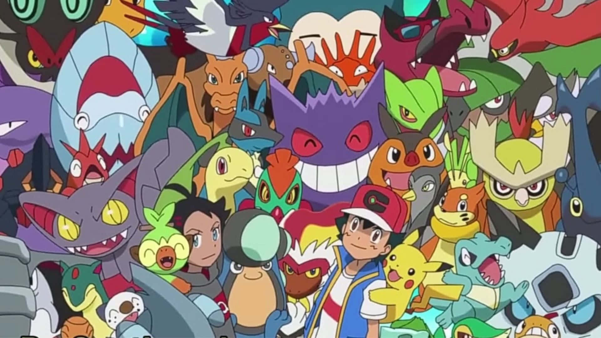 Pokemon Tv Shows 桌布 壁紙 — 一個充滿活力的動漫場景，數十個色彩繽紛的寶可夢角色在動態人群中圍繞著小智和皮卡丘。