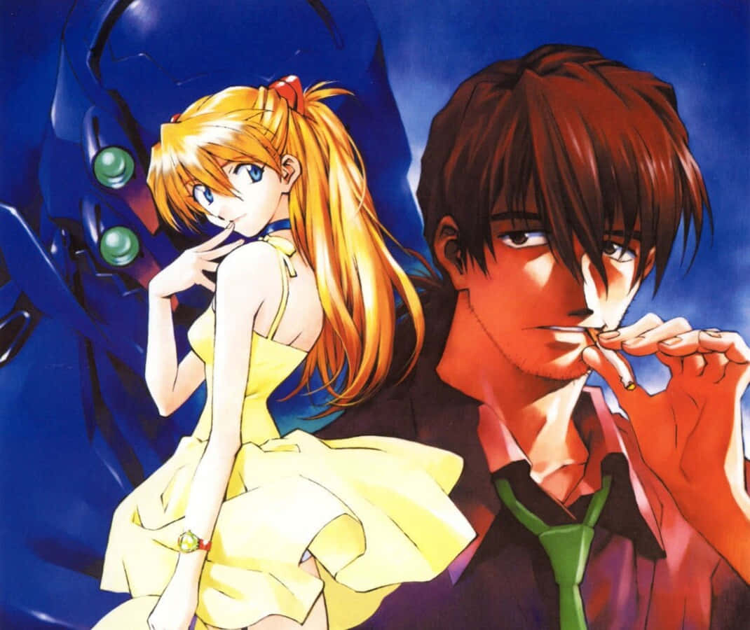 Ryoji Kaji 桌布 壁紙 — 一個充滿活力的動漫場景，有一個金髮女孩穿著黃色連衣裙，一個棕色頭髮的男孩在抽煙，他們身後有一個藍色機甲若隱若現。