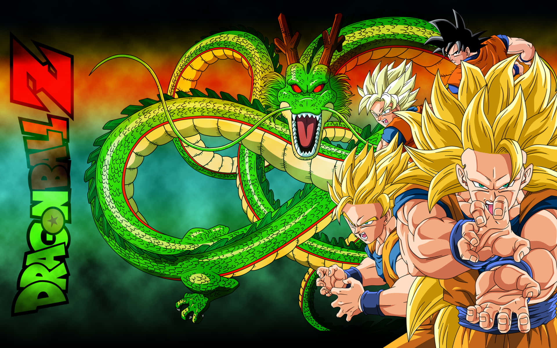 Dbz 桌布 壁紙 — 一個充滿活力的動漫場景，有一條綠龍和三個肌肉發達的賽亞人戰士，在火焰漸變背景前擺出動態姿勢。