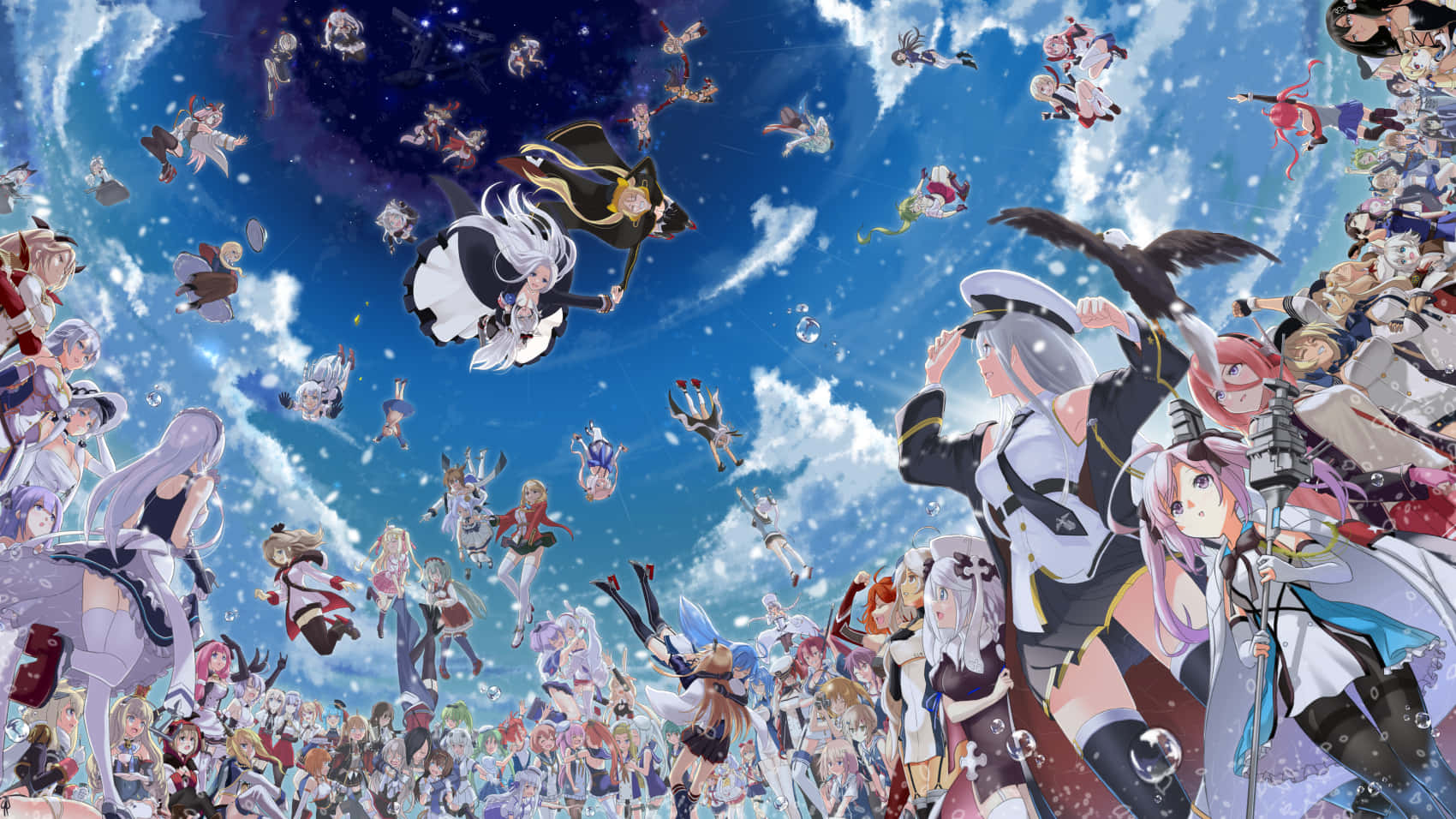 Anime Group 桌布 壁紙 — 一個充滿活力的動漫場景，有許多角色在充滿雲朵和星星的明亮藍色天空中漂浮和站立。
