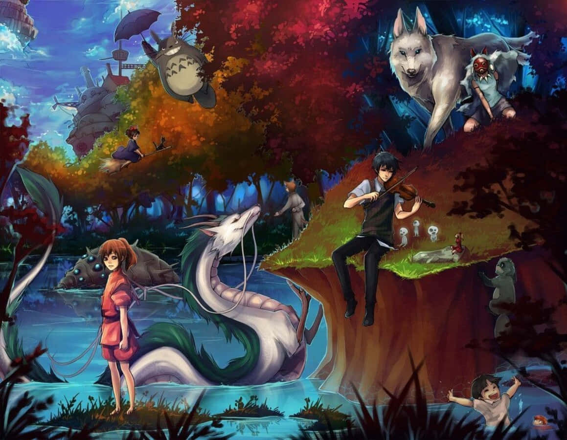 Hayao Miyazaki Movies 桌布 壁紙 — 一個充滿活力的動漫場景，河邊有一個女孩，懸崖上有一個小提琴手，還有色彩繽紛的森林中的龍和狼等神話生物。