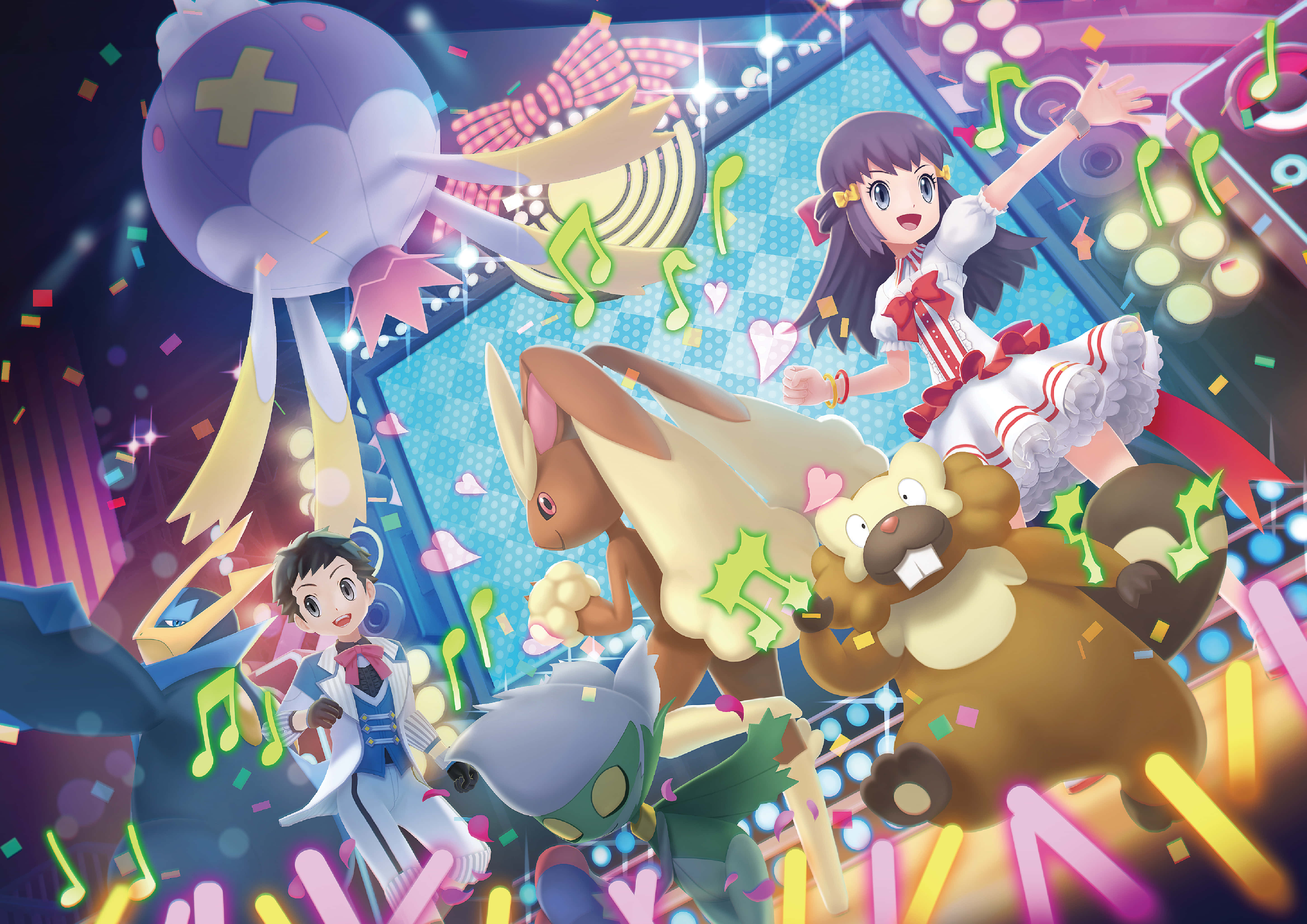 Pokemon Aesthetic 桌布 壁紙 — 一個充滿活力的動漫場景，角色和寶可夢在五彩紙屑和發光音符中跳舞，營造出節日音樂會的氛圍。