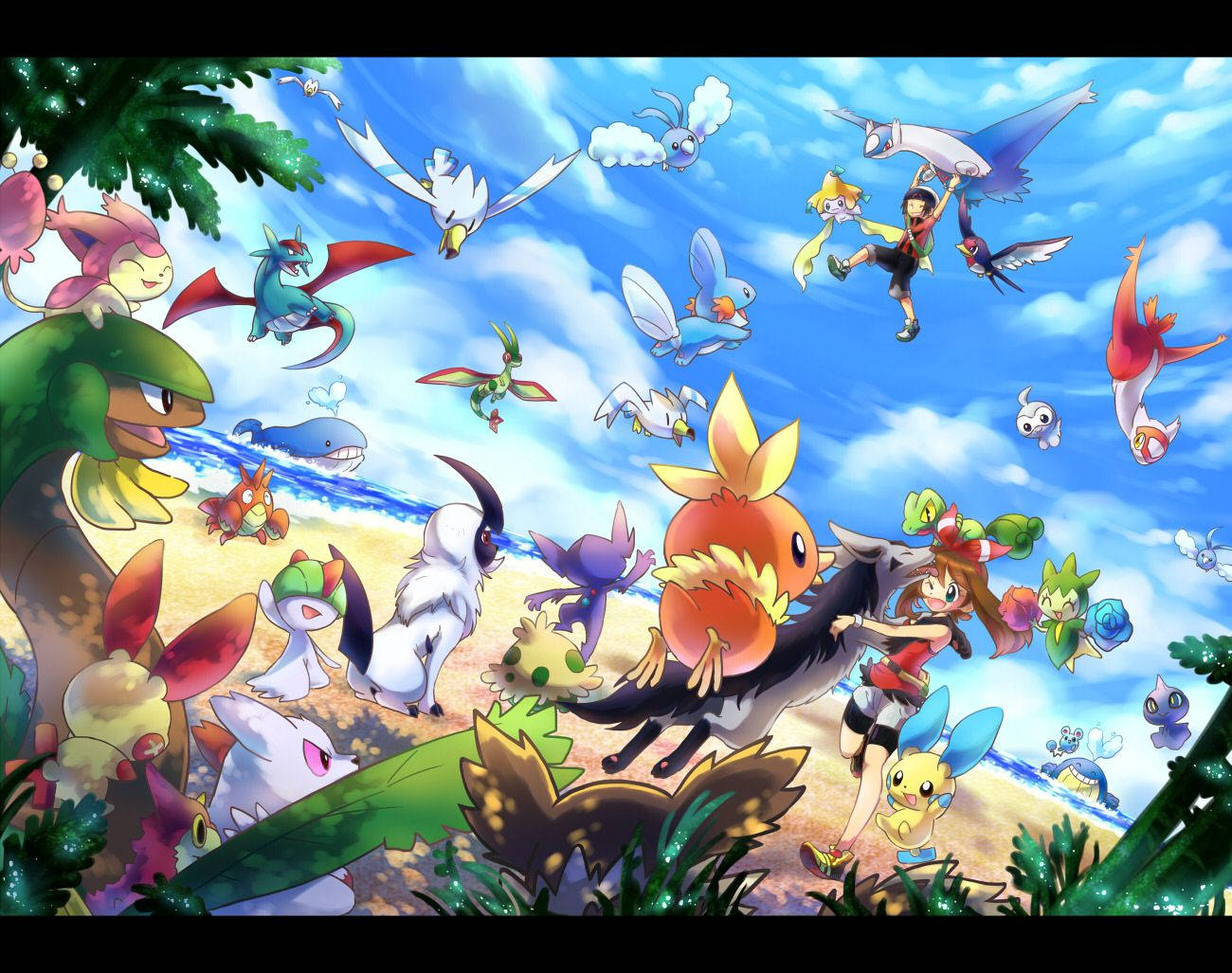 Salamence 桌布 壁紙 — 一個充滿活力的動漫場景，訓練師和色彩繽紛的寶可夢在晴朗的藍天下快樂地聚集在陽光明媚的海灘上。
