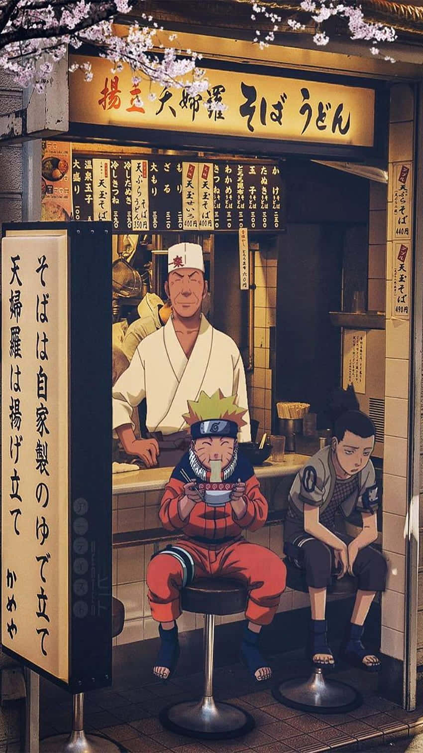 Naruto Ramen 桌布 壁紙 — 一個充滿活力的動漫場景顯示鳴人在夜晚櫻花下繁忙的日本拉麵店吃拉麵。