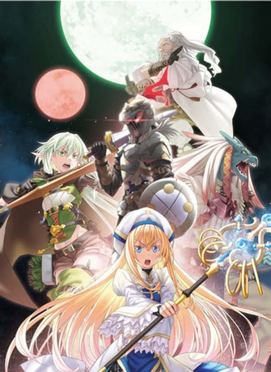 Goblin Slayer 桌布 壁紙 — 一個充滿活力的動漫奇幻冒險者團隊在發光的月亮和紅色星球下英勇地站立。