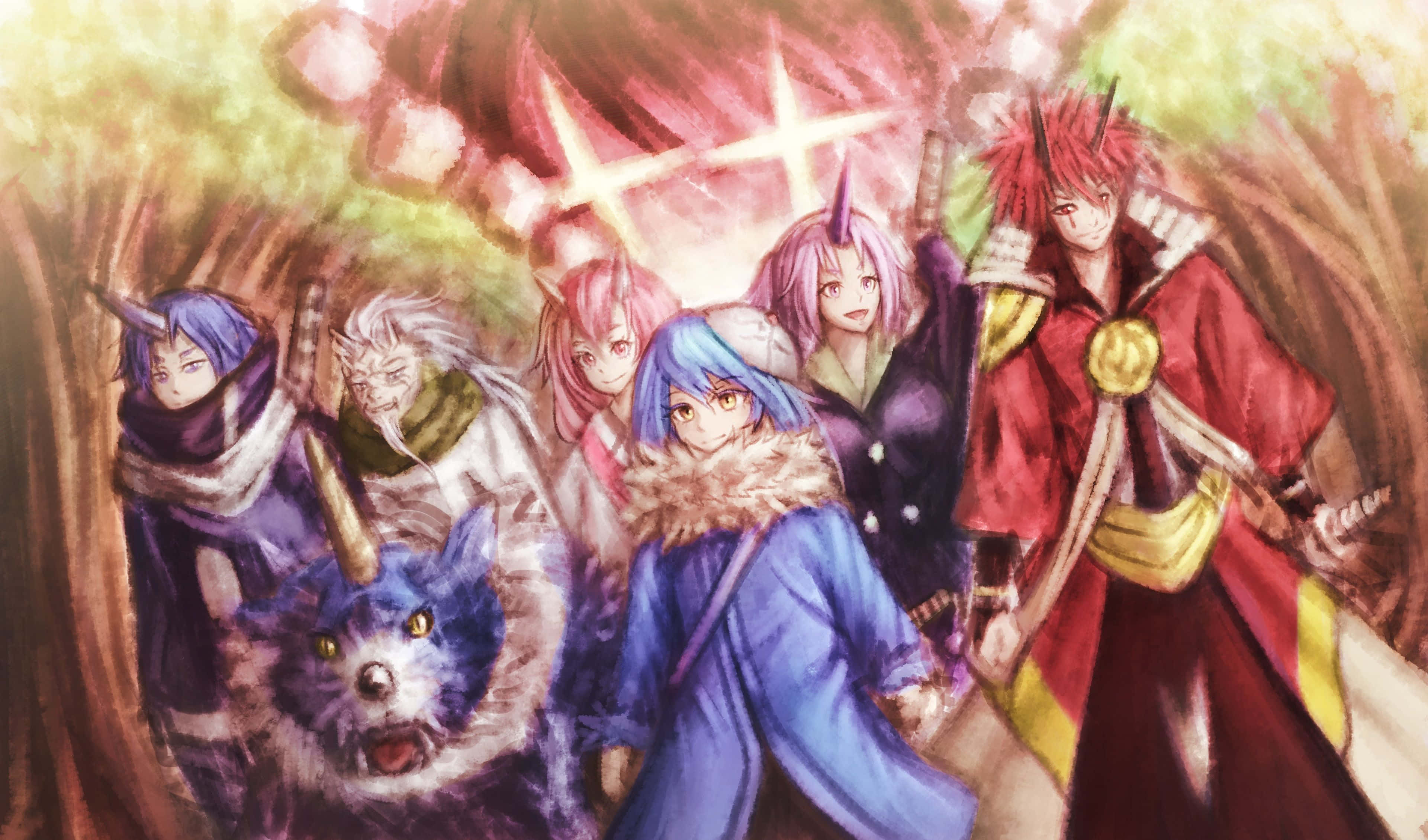 That Time I Got Reincarnated As A Slime 桌布 壁紙 — 一個充滿活力的動漫奇幻角色群，頭上有角，還有一隻狼同伴，一起站在發光的森林隧道中。