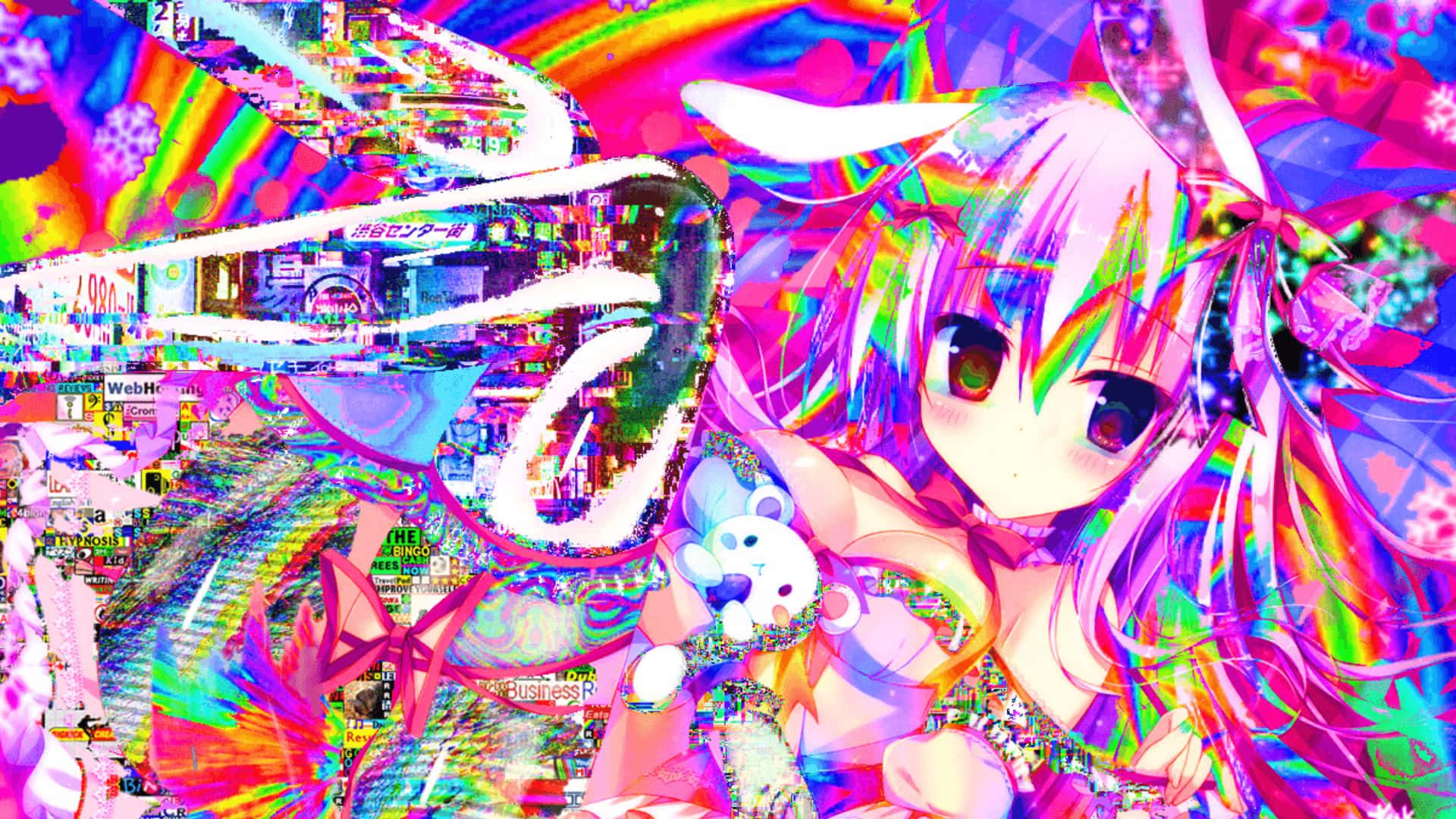 初音未來 桌布 壁紙 — 一個充滿活力的動漫女孩，彩虹色的頭髮，抱著一個毛絨玩具，背景是霓虹色彩和扭曲文字的故障數位拼貼。