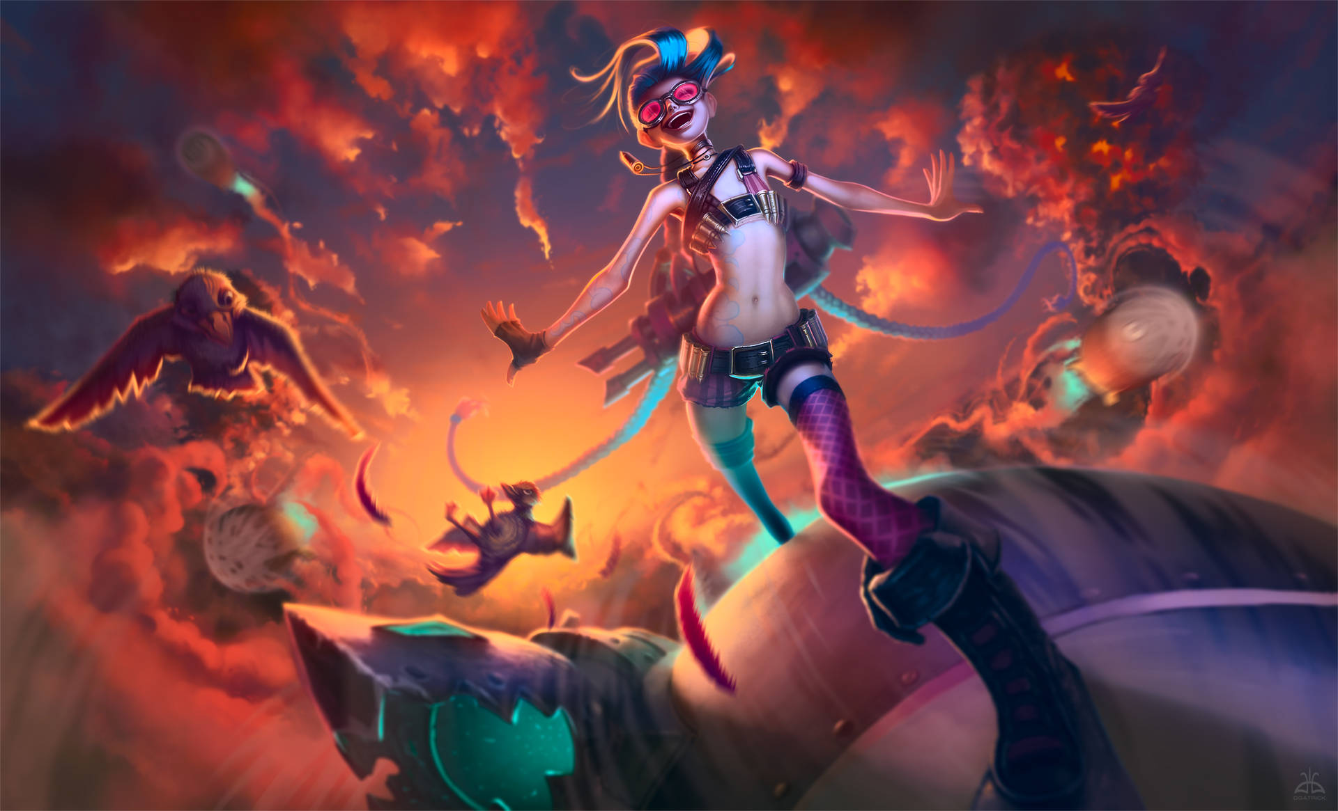 Jinx 桌布 壁紙 — 一個充滿活力的動漫女孩，戴著粉紅色護目鏡和紫色雙腿，在火紅的橙色和紅色天空中動態跳躍，周圍有漂浮的生物。