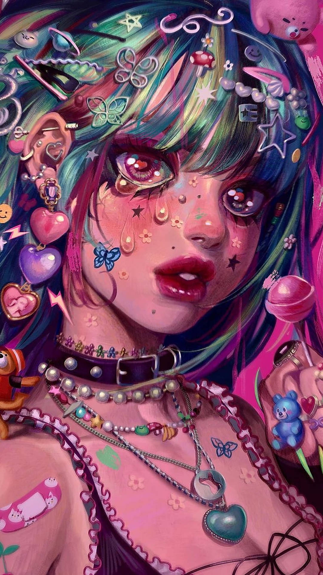 動漫女孩，擁有彩虹頭髮和閃閃發光的飾品，置身於糖果色的幻想場景中。 — 美少女動態圖 壁紙