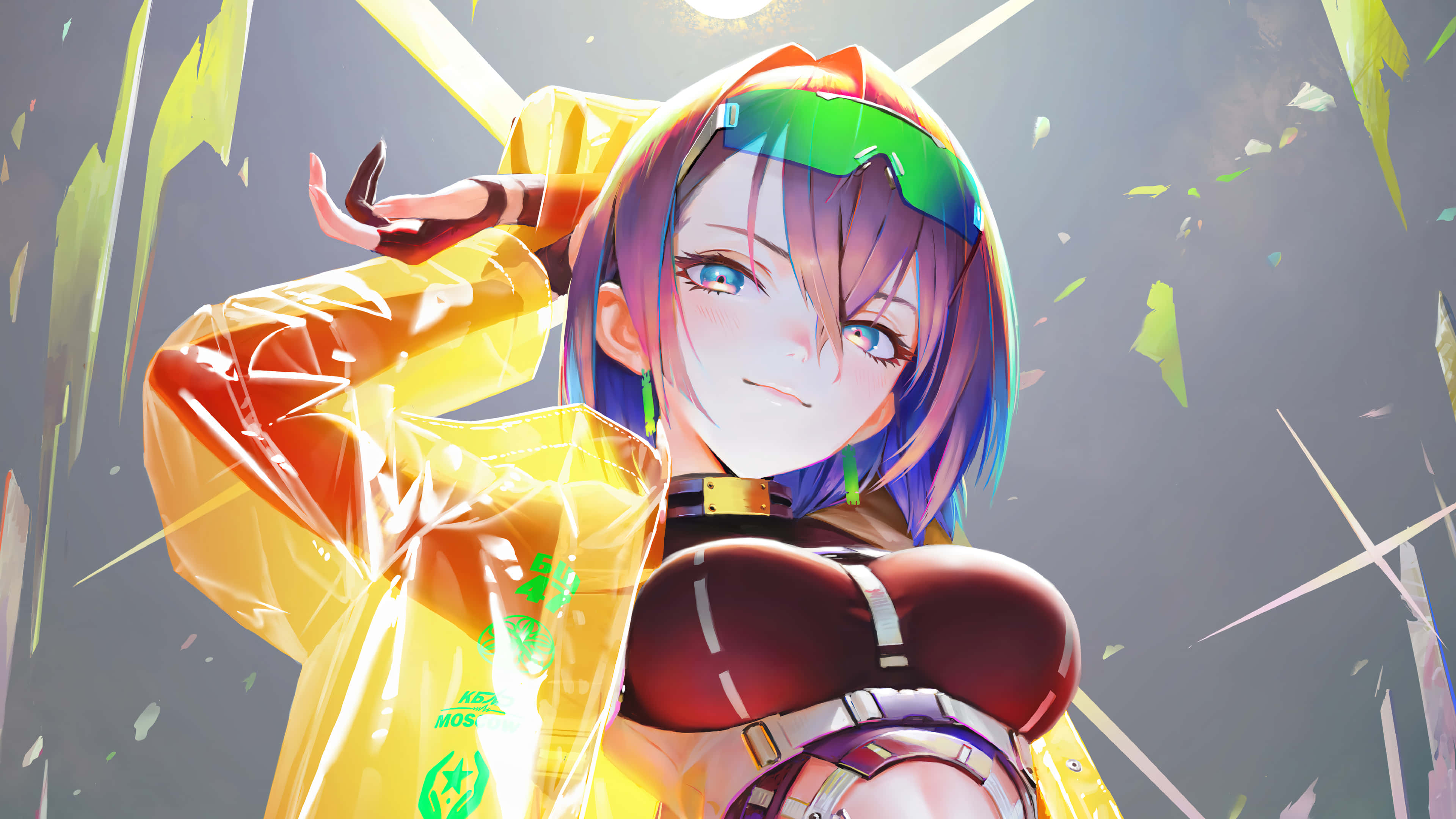 Yellow Raincoat 桌布 壁紙 — 一個充滿活力的動漫女孩，擁有彩虹色頭髮和護目鏡，穿著發光的黃色外套，在破碎的玻璃背景前微笑。
