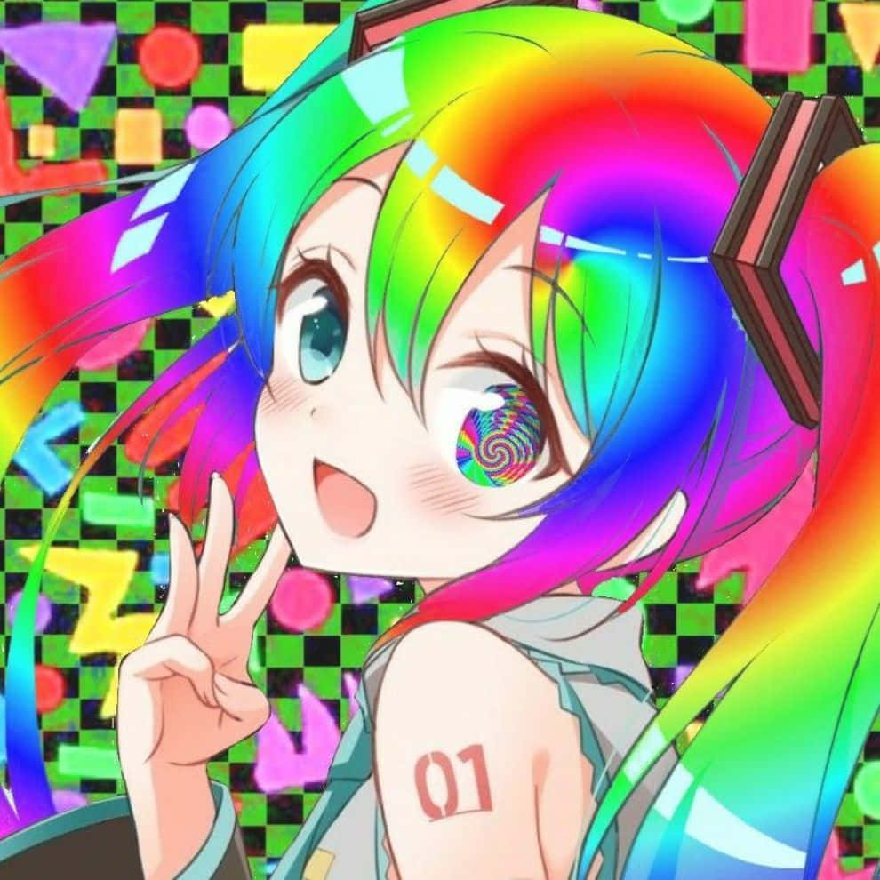 Glitchcore 桌布 壁紙 — 一個充滿活力的動漫女孩，擁有彩虹色頭髮和旋轉的眼睛，在色彩繽紛的幾何背景前做出和平手勢。