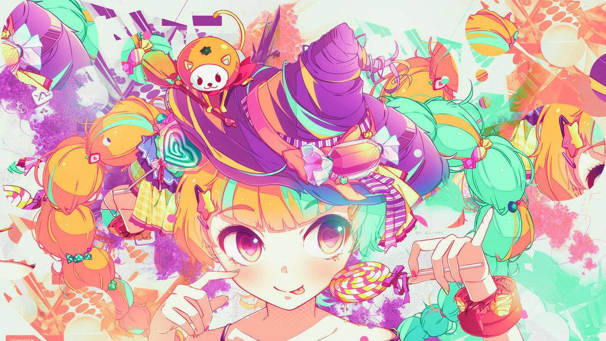 可愛 桌布 壁紙 — 一個充滿活力的動漫女孩，擁有彩虹頭髮和糖果配飾，在色彩繽紛混亂的背景中微笑。