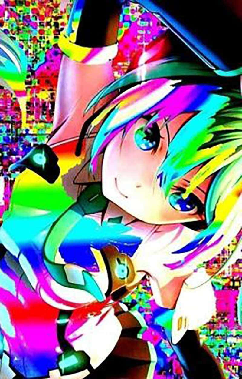 character 桌布 壁紙 — 一個充滿活力的動漫女孩，擁有彩虹色頭髮和發光的眼睛，在帶有故障效果的彩色背景前微笑。