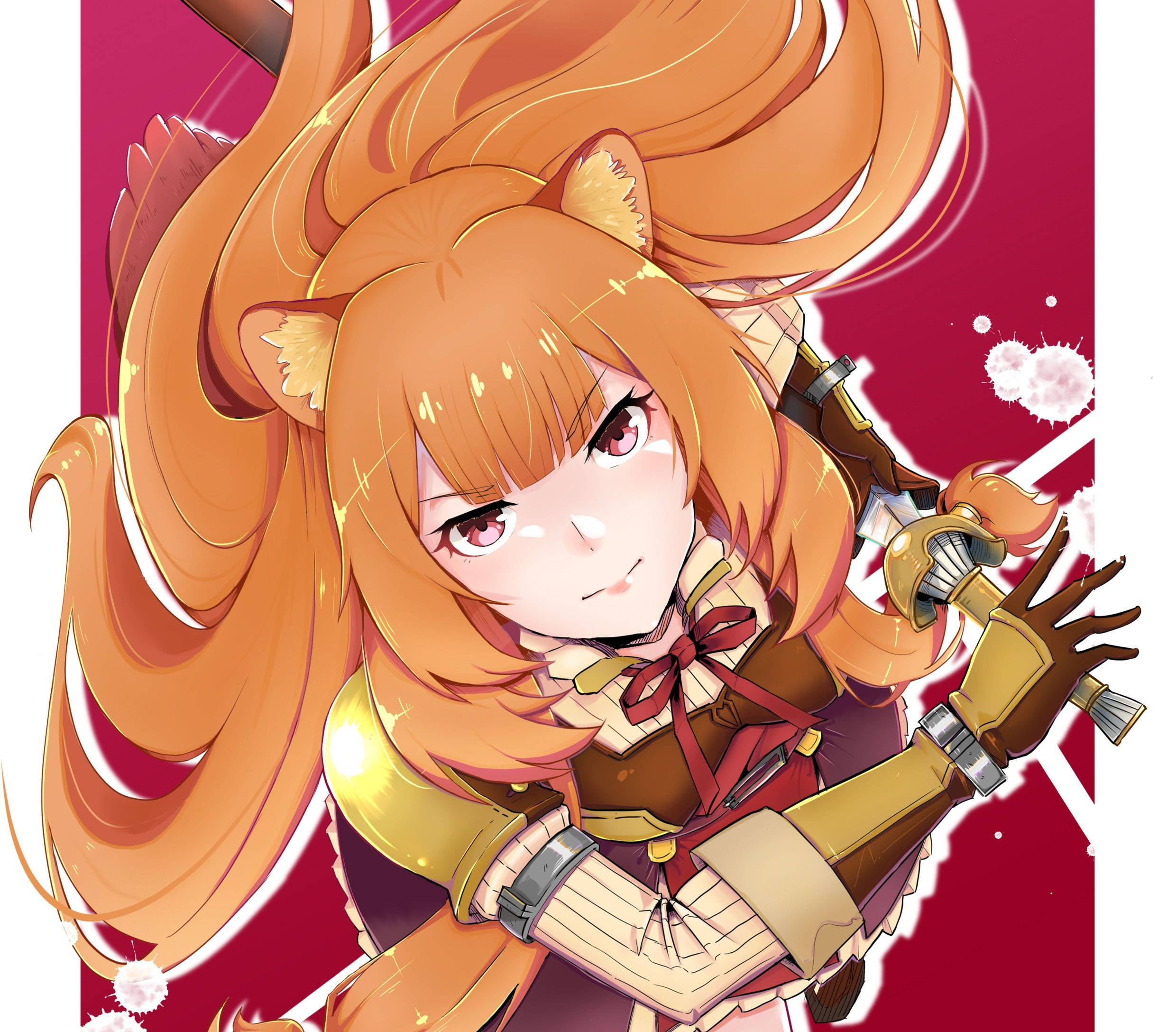 Raphtalia 桌布 壁紙 — 一個充滿活力的動漫女孩，擁有橙色頭髮和貓耳，在鮮紅色的背景下揮舞著劍。