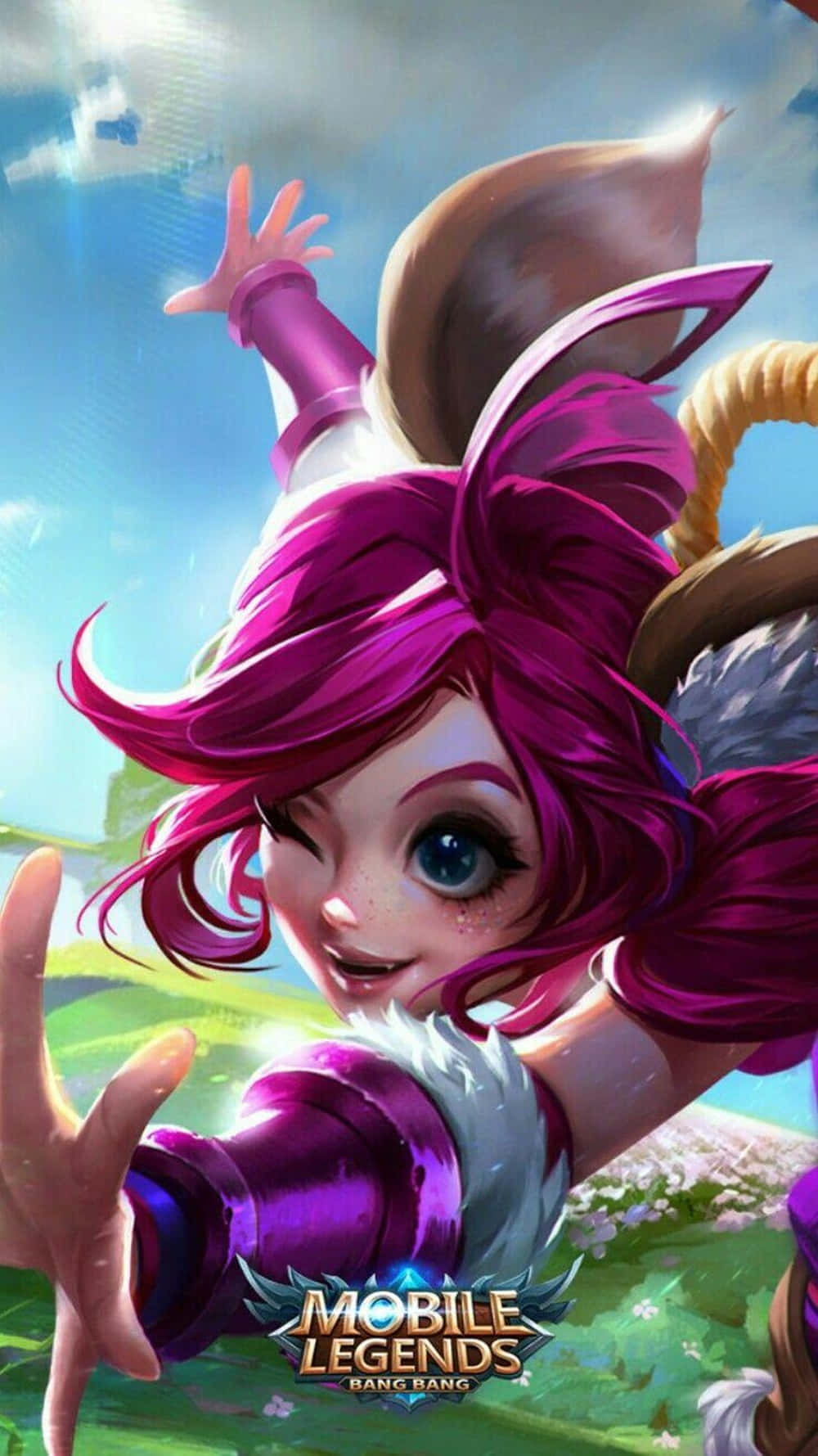 Mobile Legends 動態圖 桌布 壁紙 — 一個充滿活力的動漫女孩，擁有洋紅色頭髮和兔耳，在藍天白雲下歡快地跳躍。