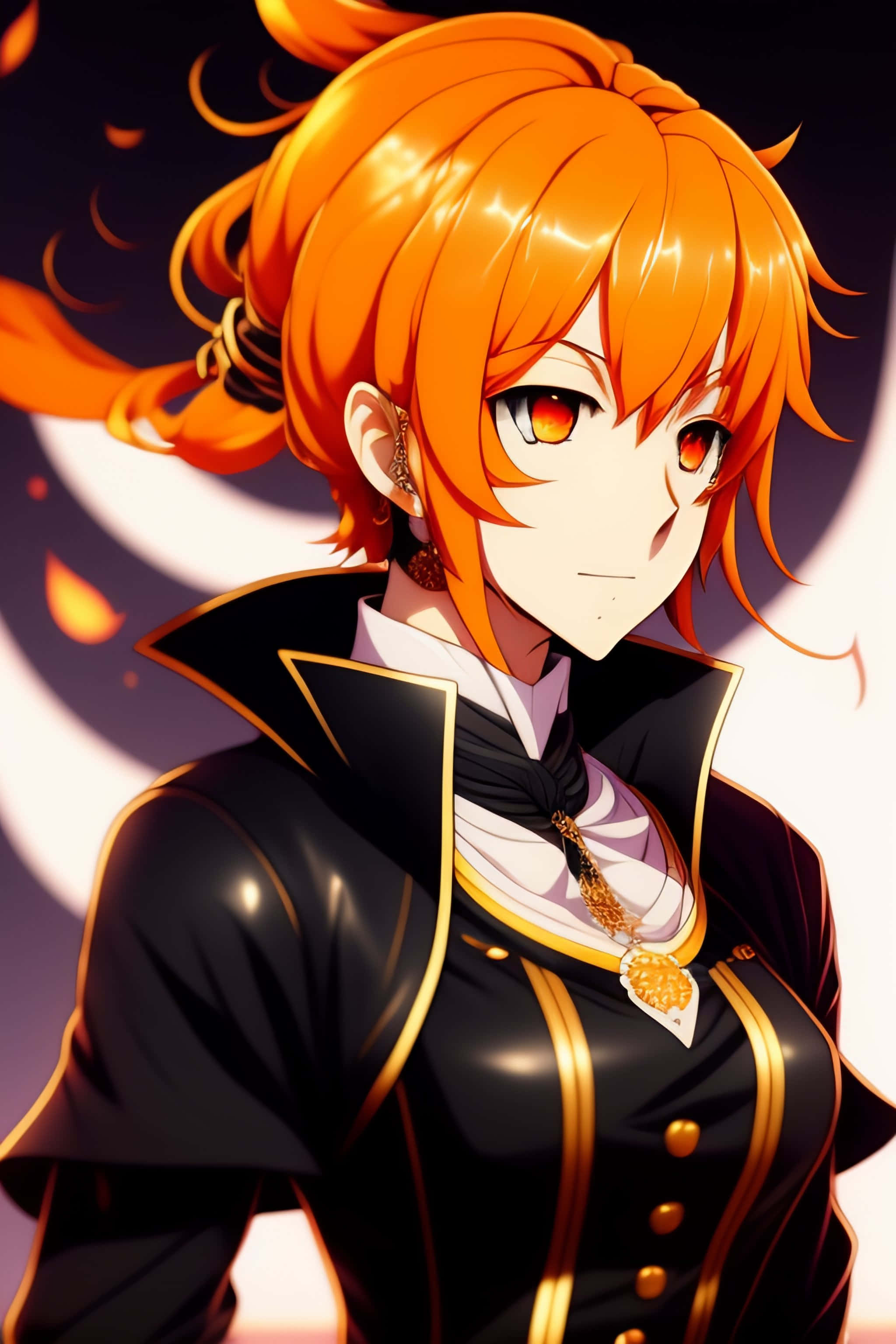 Black And Orange 桌布 壁紙 — 一個充滿活力的動漫女孩，擁有火紅橙色頭髮和發光的紅色眼睛，穿著黑色和金色的正式服裝，背景是黑暗的發光球體。