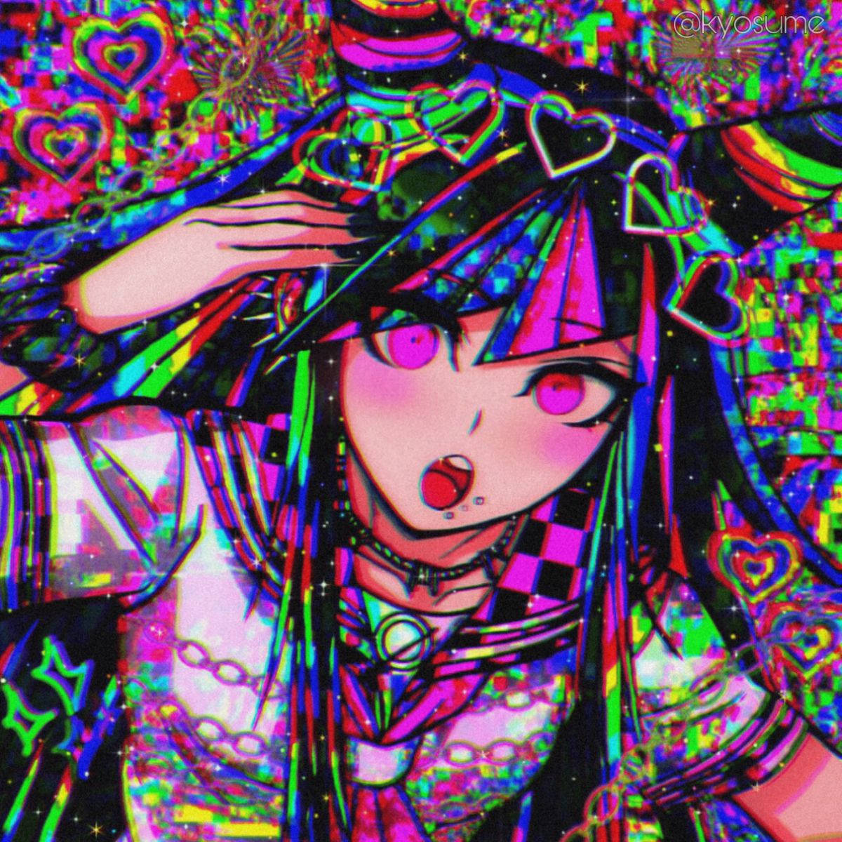 藝術 桌布 壁紙 — 一個充滿活力的動漫女孩，擁有發光的粉紅色眼睛和心形配飾，站在萬花筒般閃爍的背景前。