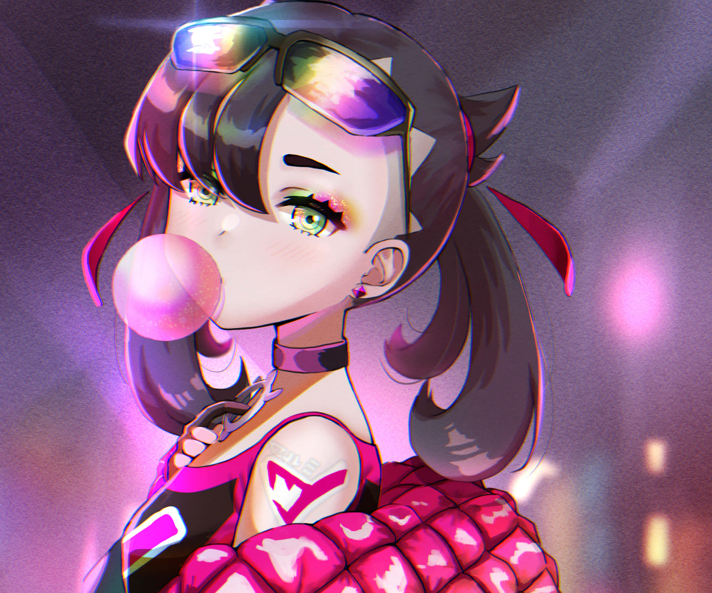寶可夢 桌布 壁紙 — 一個充滿活力的動漫女孩，擁有發光的綠色眼睛，在霓虹燈下吹出粉紅色的泡泡糖泡泡。