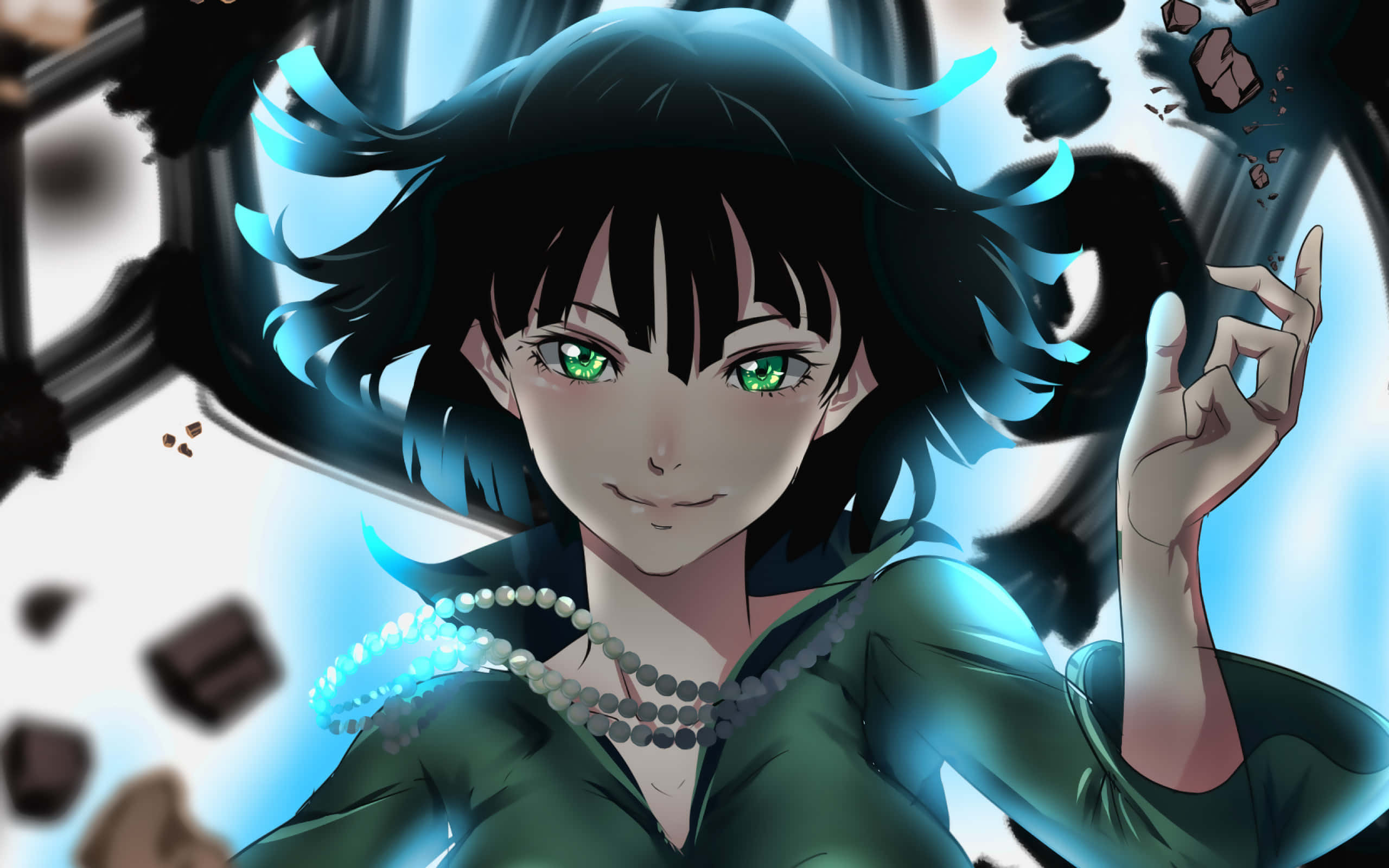 Fubuki 桌布 壁紙 — 一個充滿活力的動漫女孩，擁有發光的綠色眼睛和黑色頭髮，微笑著拿著一條發光的珍珠項鍊，背景是破碎的。