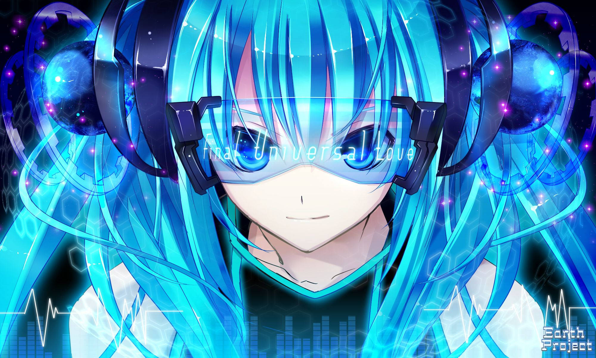 miku 桌布 壁紙 — 一個充滿活力的動漫女孩，擁有發光的藍色頭髮和未來風格的護目鏡，被數字球體和霓虹能量包圍。