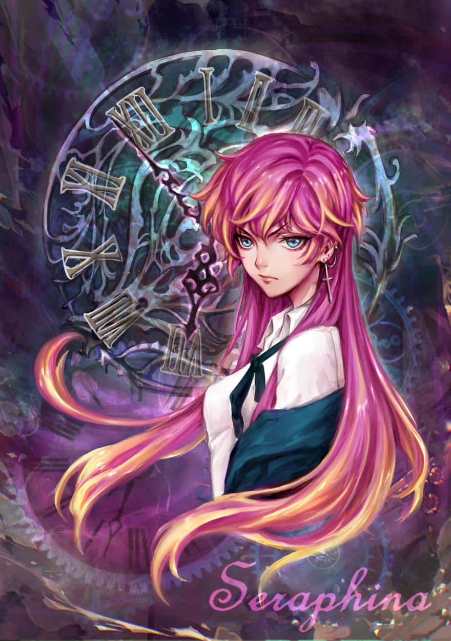 Pink Hair 桌布 壁紙 — 一個充滿活力的動漫女孩，擁有粉紅色和橙色頭髮，站在一個帶有羅馬數字的發光裝飾時鐘前。