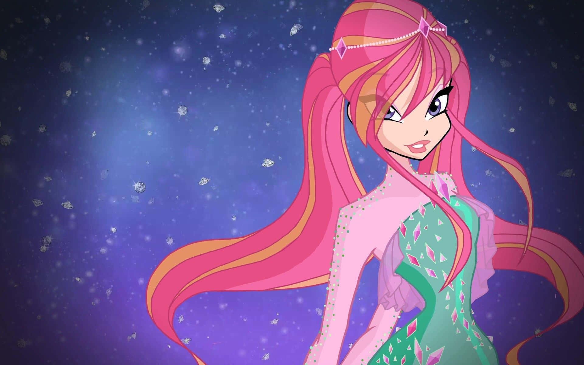 Glitter Force 桌布 壁紙 — 一個充滿活力的動漫女孩，擁有粉紅色和橙色的頭髮，站在閃爍的紫色星空背景前。