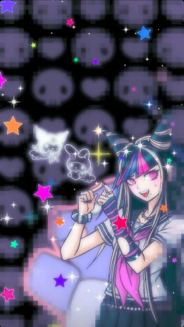 Danganronpa 2 Goodbye Despair 桌布 壁紙 — 一個充滿活力的動漫女孩，擁有粉紅色和藍色的頭髮，微笑著手持一個發光球體，周圍環繞著色彩繽紛的星星和漂浮的動物靈魂，背景是像素化的骷髏。