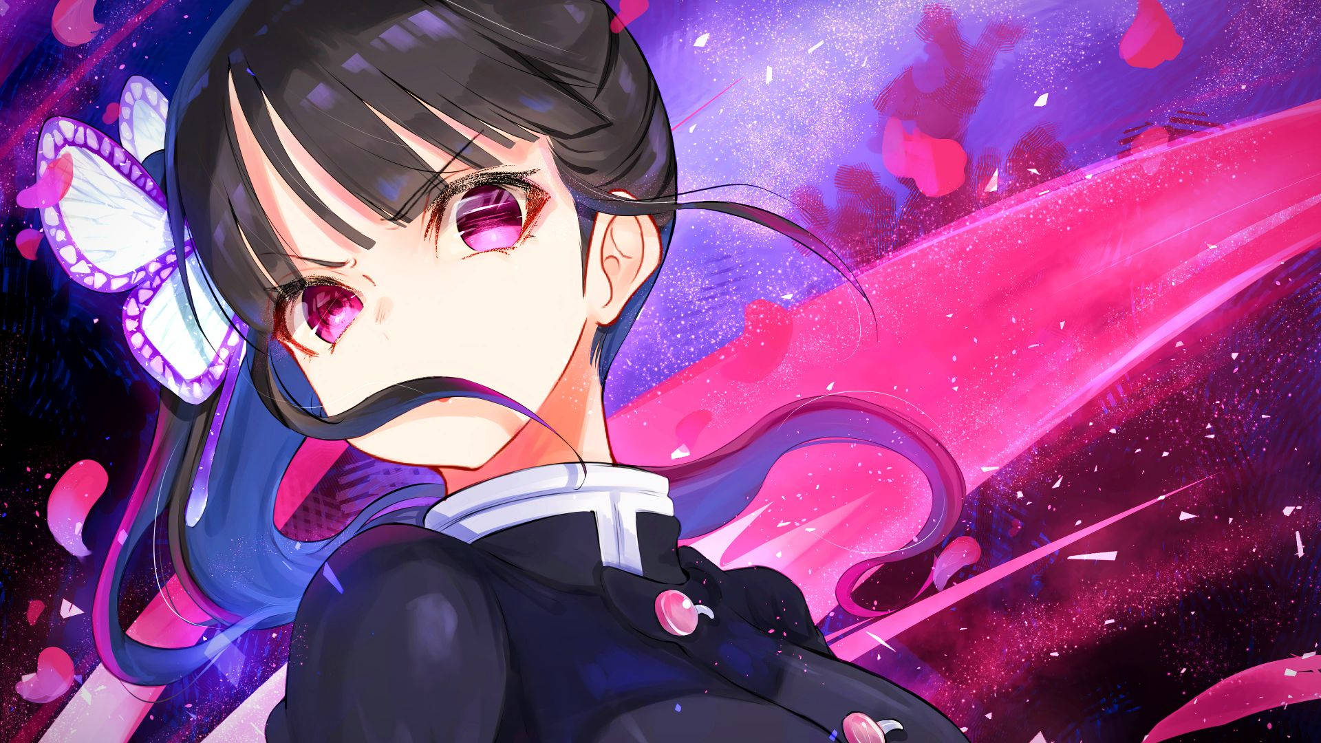 angry anime 桌布 壁紙 — 一個充滿活力的動漫女孩，擁有粉紅色的眼睛和蝴蝶髮飾，在宇宙粉紅色和紫色的背景下閃耀。