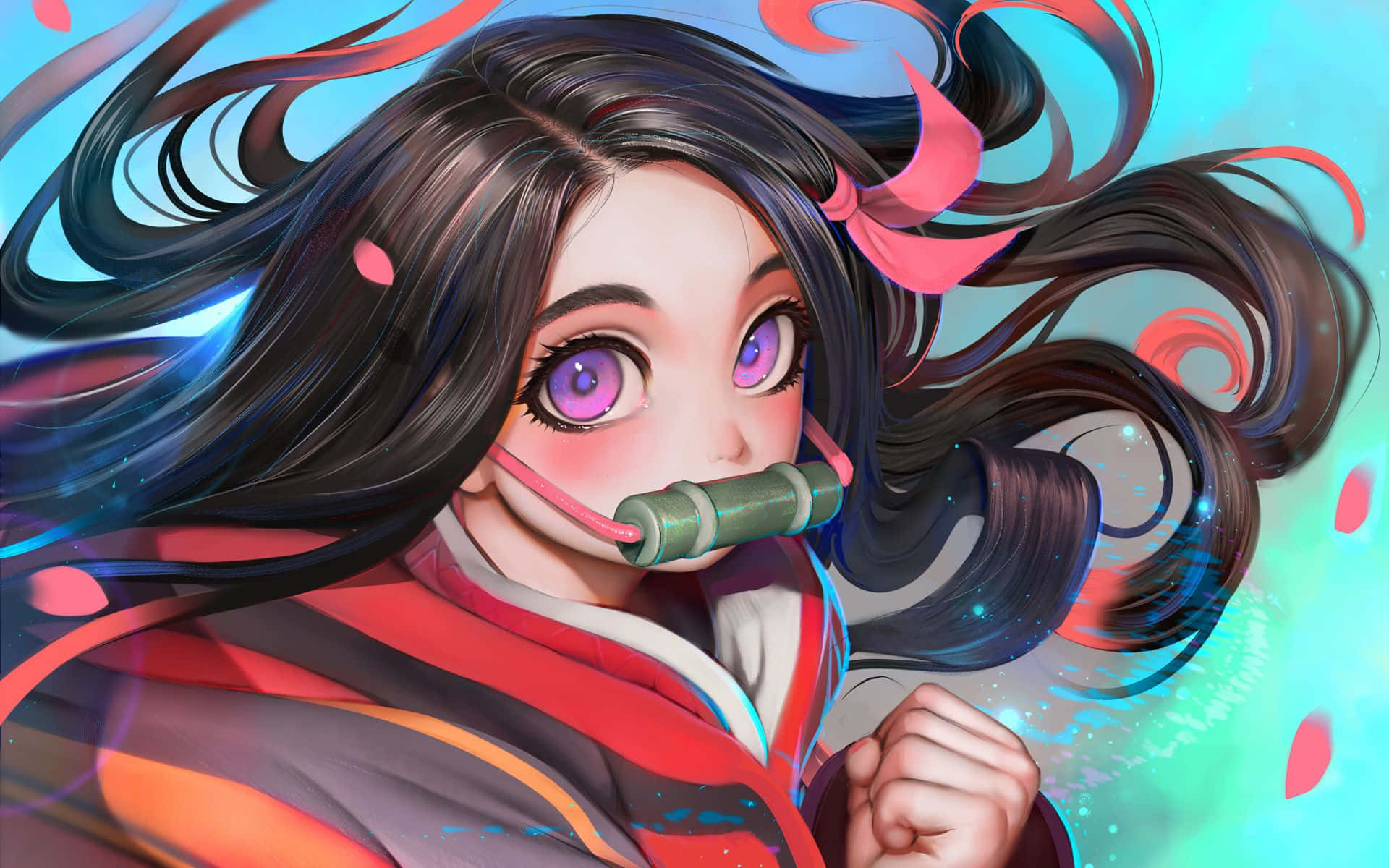 禰豆子 桌布 壁紙 — 一個充滿活力的動漫女孩，擁有紫色眼睛和飄逸的黑髮，穿著紅色服裝和竹製吹嘴，背景是發光的藍色和藍綠色。