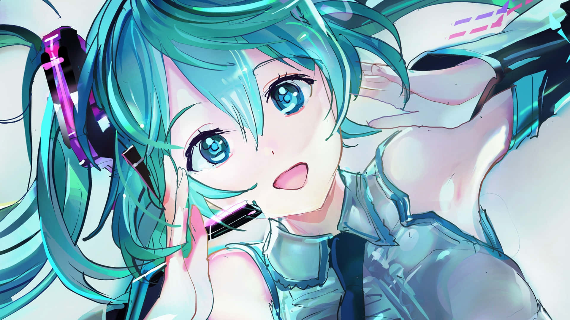 初音未來 桌布 壁紙 — 一個充滿活力的動漫女孩，擁有綠松石色頭髮和發光的藍色眼睛，在霓虹燈照亮的數位背景前拿著麥克風。