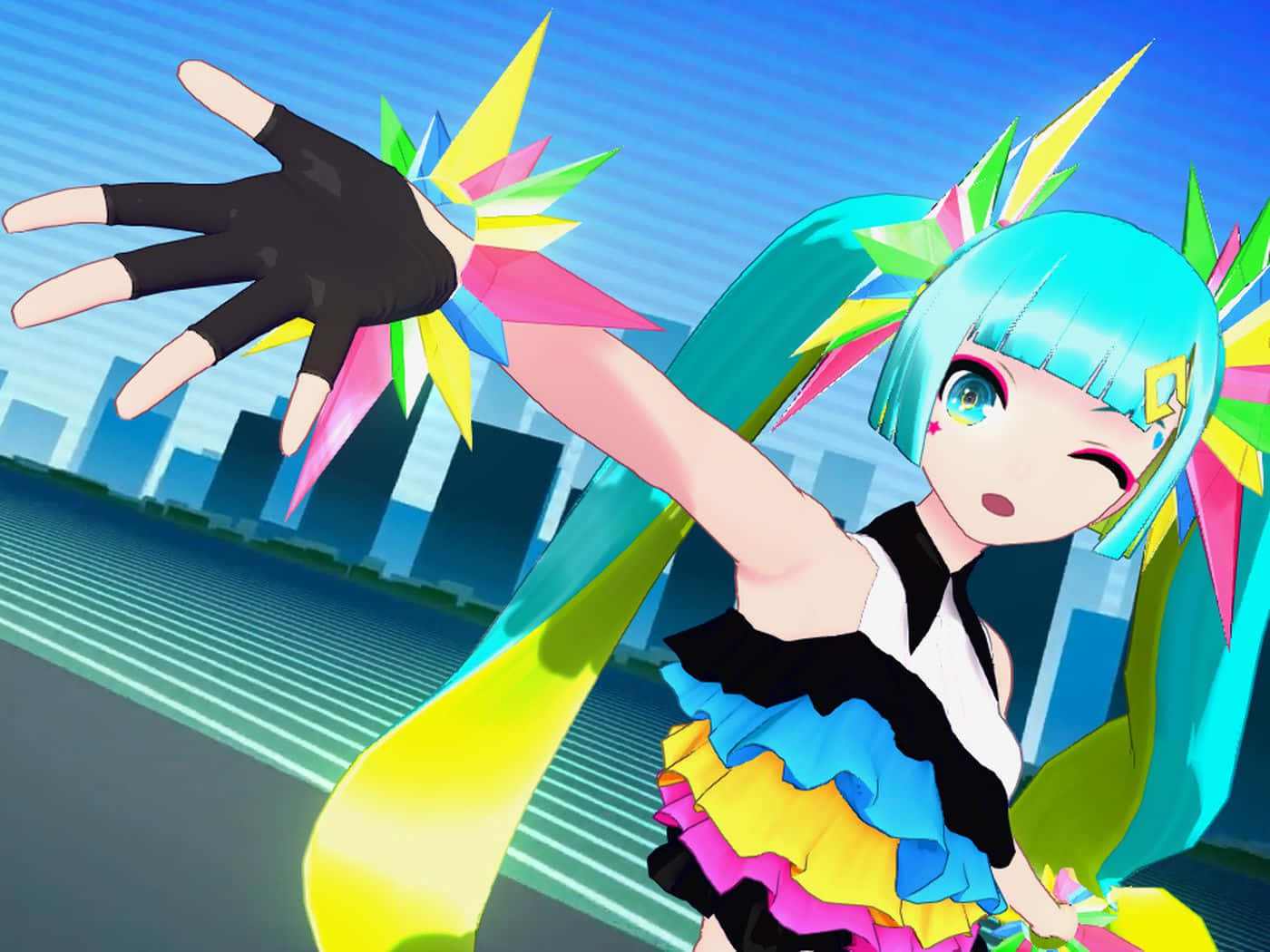 初音未來 桌布 壁紙 — 一個充滿活力的動漫女孩，擁有綠松石色的頭髮和彩虹配飾，戴著手套的手伸向風格化的城市天際線。