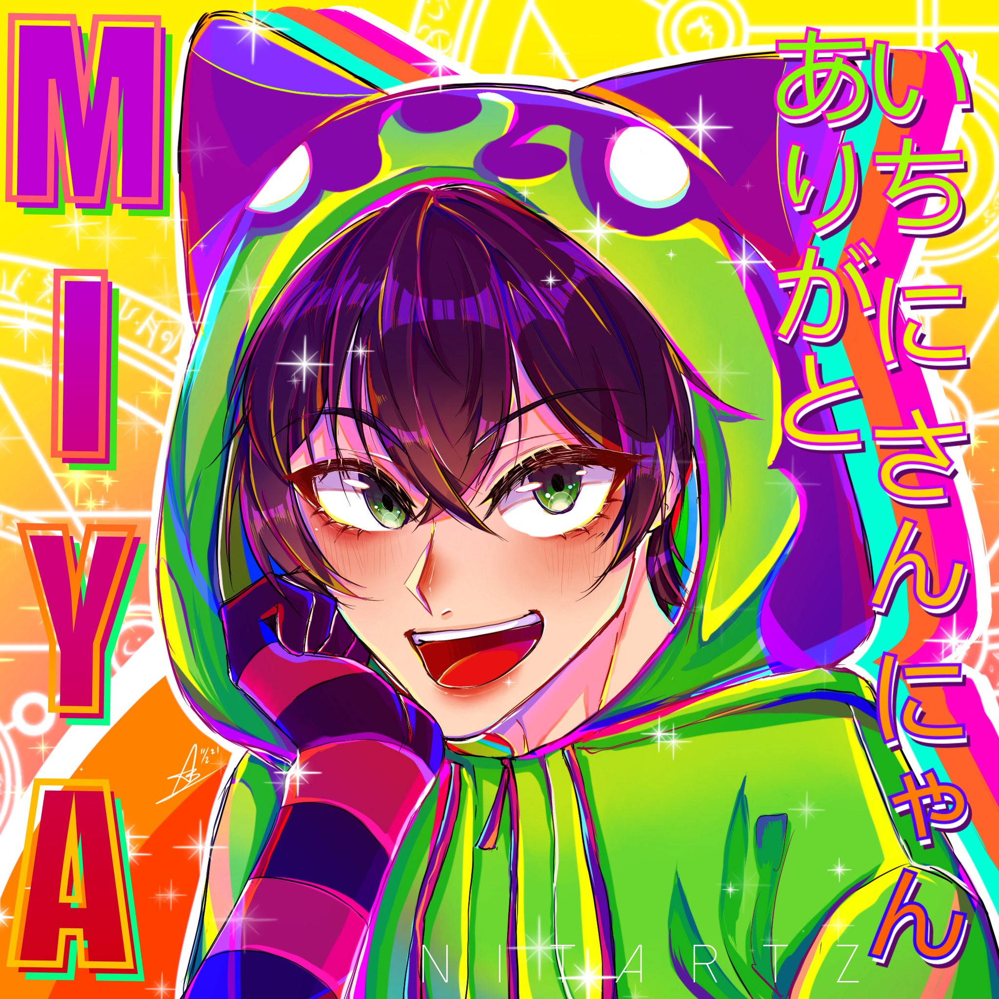 Miya 桌布 壁紙 — 一個充滿活力的動漫女孩，擁有綠色眼睛和彩虹連帽衫，在色彩繽紛的幾何背景前燦爛微笑。