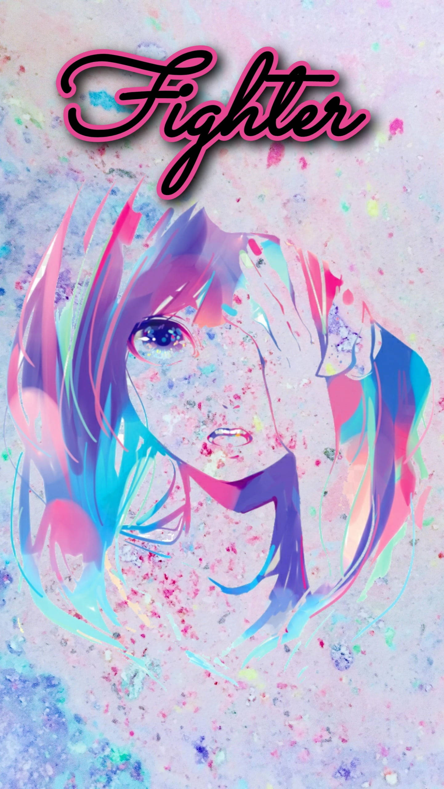 動漫女孩 桌布 壁紙 — 一個充滿活力的動漫女孩，擁有色彩繽紛的頭髮和閃閃發光的顏料飛濺，一隻手靠近臉龐向上凝視。