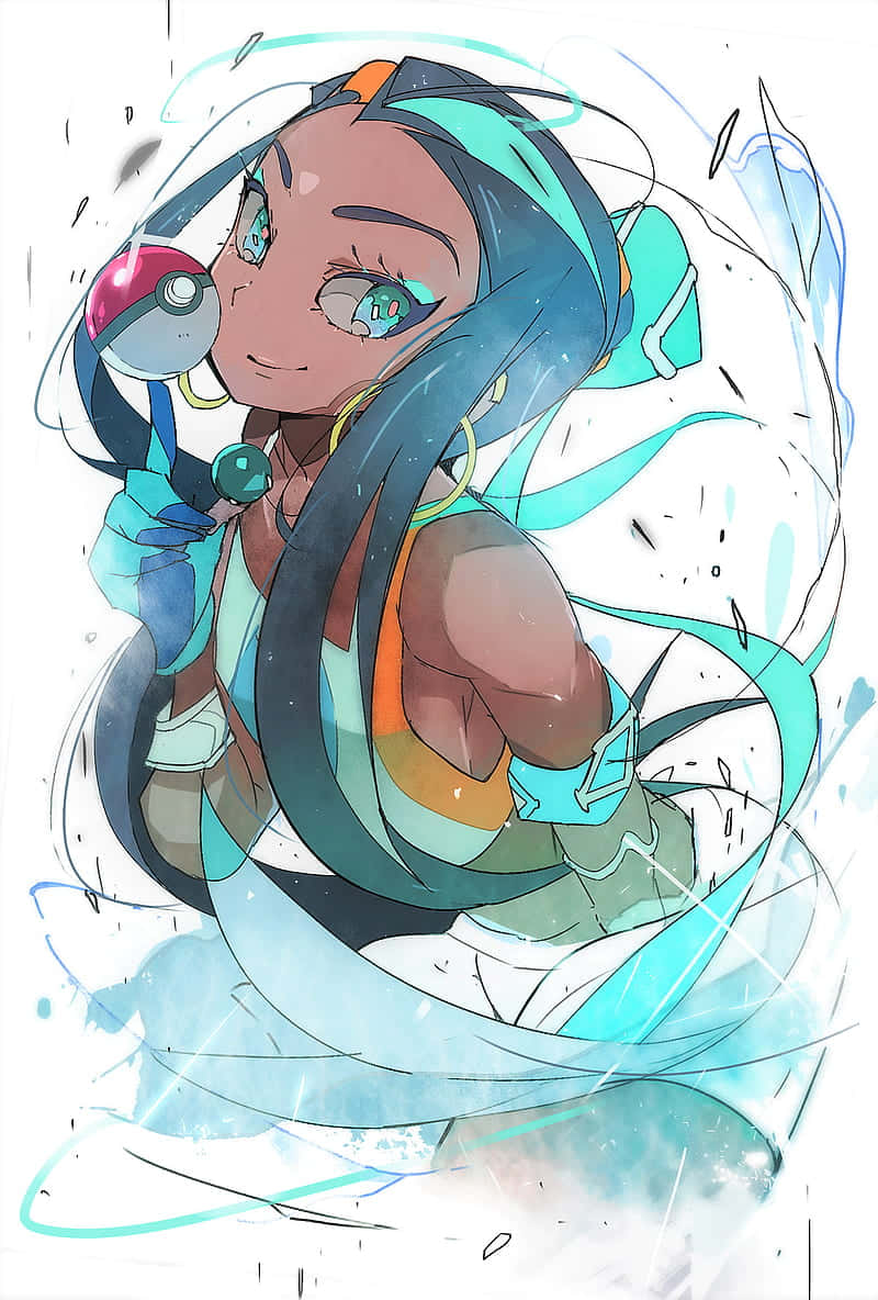 Pokemon Fan Art 桌布 壁紙 — 一個充滿活力的動漫女孩，擁有藍綠色頭髮和發光的眼睛，在旋轉的藍色能量和動作線中手持精靈球。